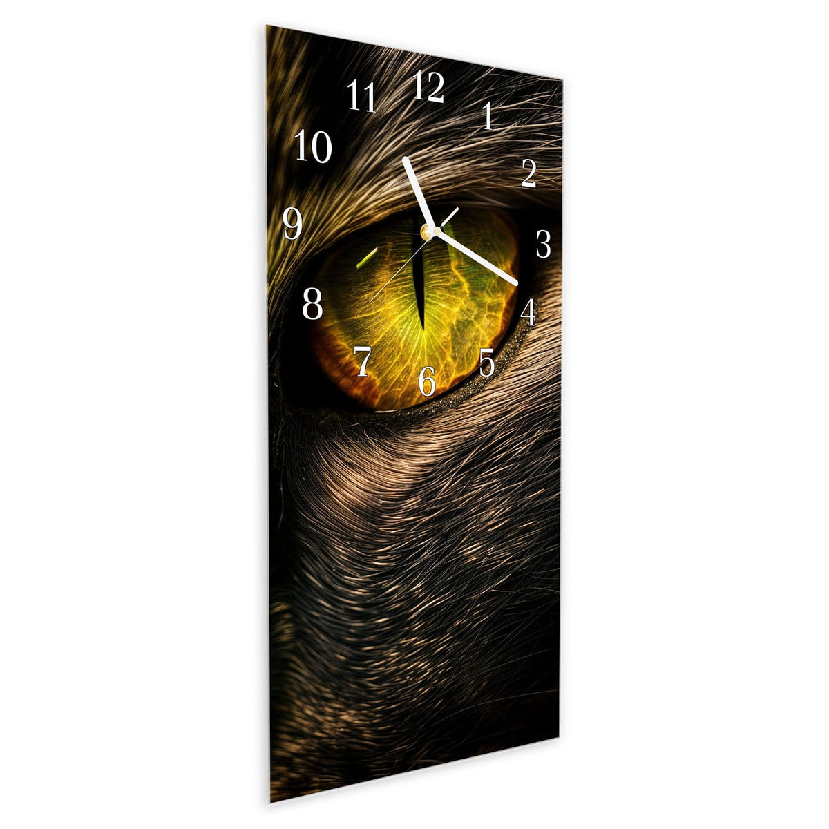 Vormontiert – mit Schwebeeffekt – Wanduhr Katzenaugen Nahaufnahme aus Glas – Hochformat 30 × 60 cm