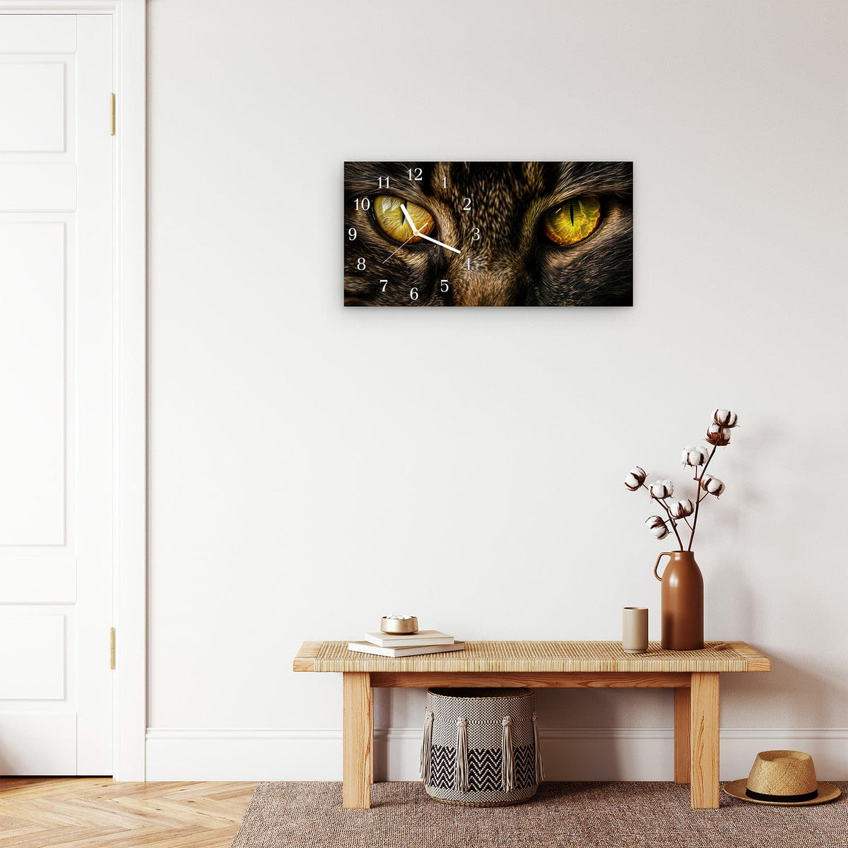 Moderne Wanduhr aus Glas mit Farbtiefe – Wanduhr Katzenaugen Nahaufnahme aus Glas – Querformat 60 × 30 cm