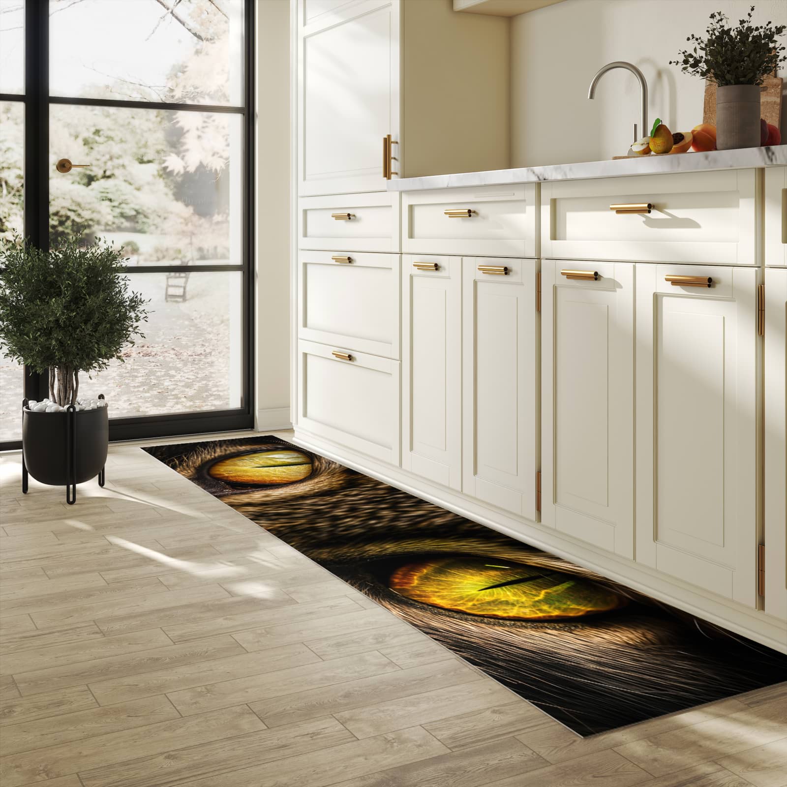 Zeitsparender waschbarer Küchenteppich mit Motiv Katzenaugencloseup in heller Küche