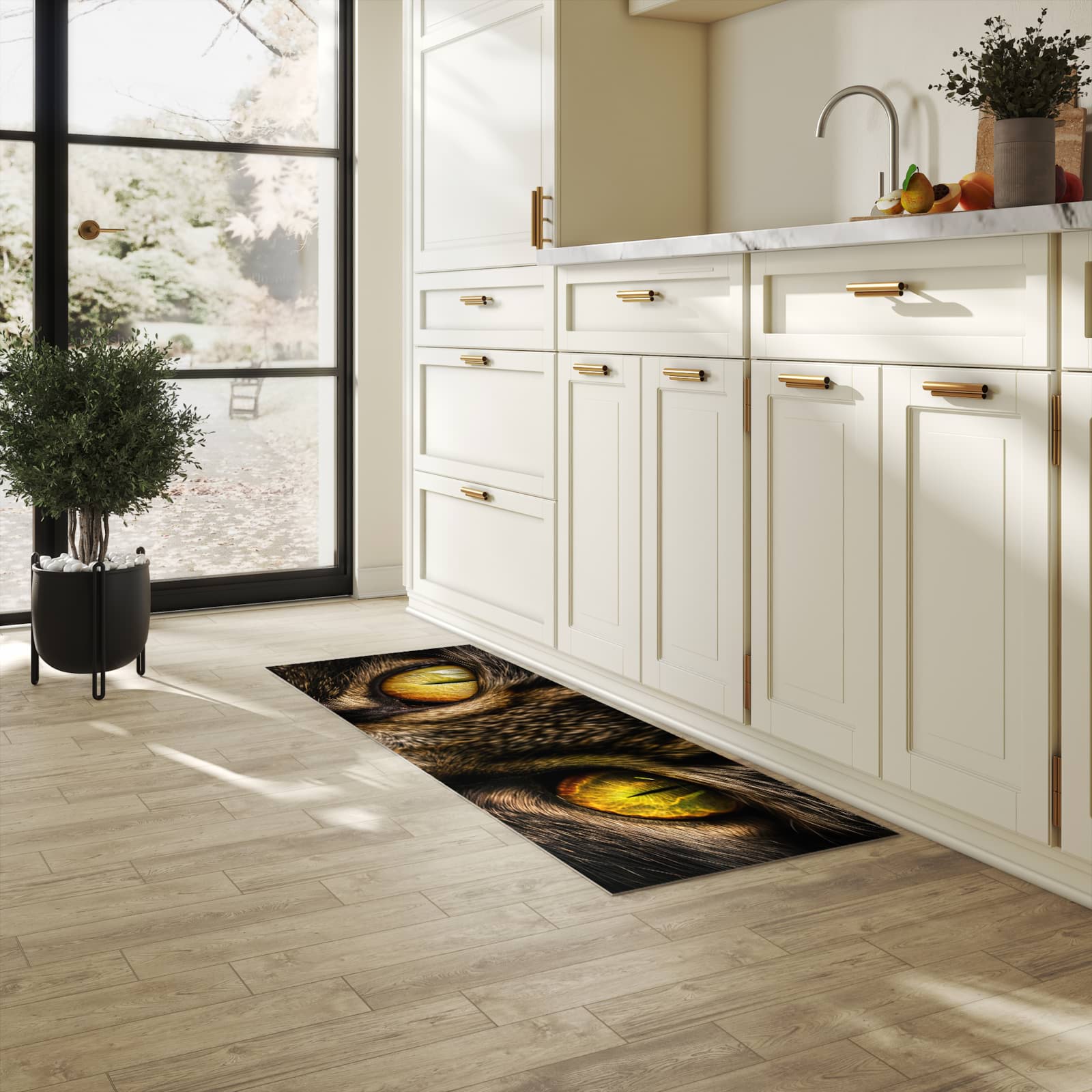 Farbbeständiger Küchenläufer mit Motiv Katzenaugencloseup in heller Küche