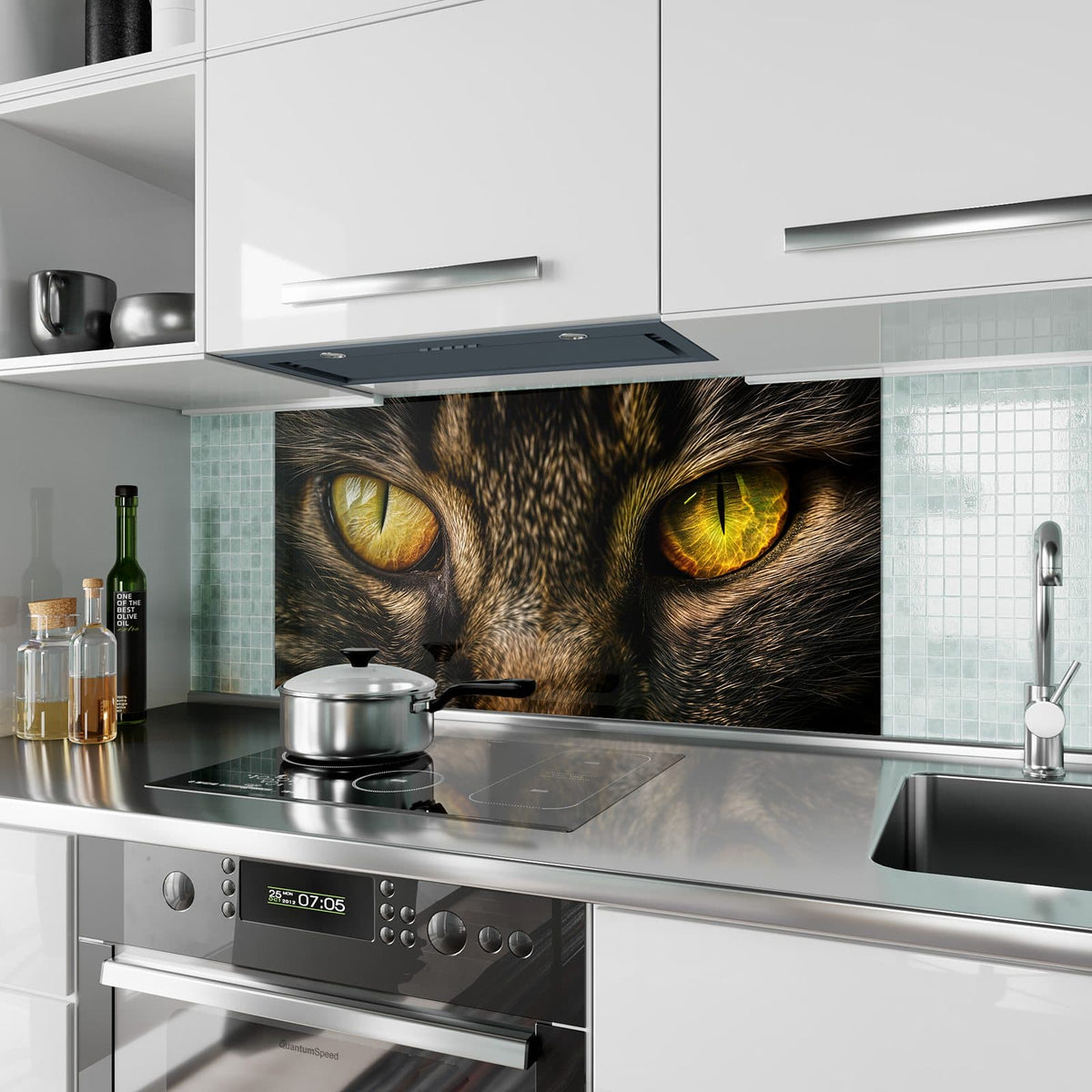 Küchenrückwand aus Glas Gelbgrünes Katzenauge im Hochformat als Spritzschutz hinter dem Kochfeld, über dem Fliesenspiegel montiert