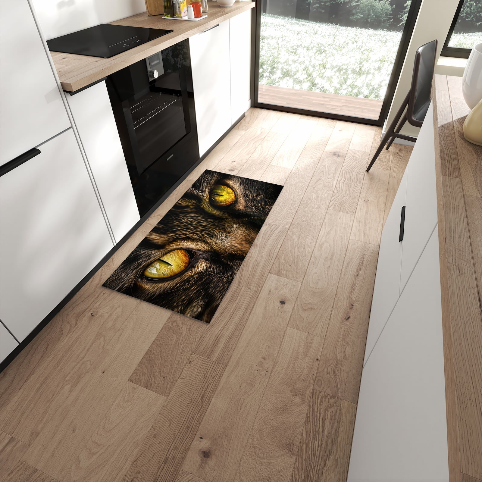 Pflegeleichter Küchenläufer mit Motiv Katzenaugencloseup in moderner Küche #grösse_60 x 120 cm