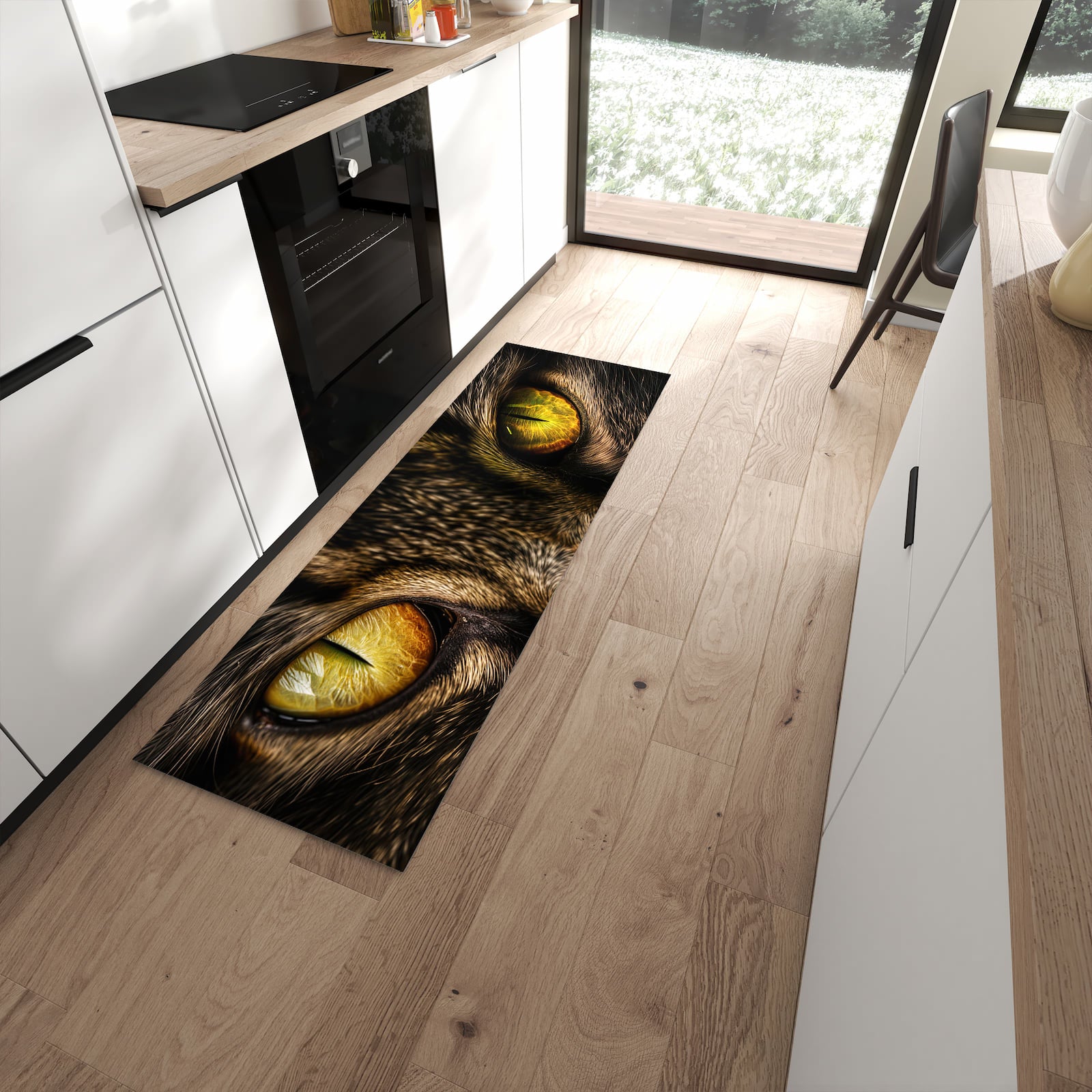 Hygienischer Küchenteppich mit Motiv Katzenaugencloseup in moderner Küche