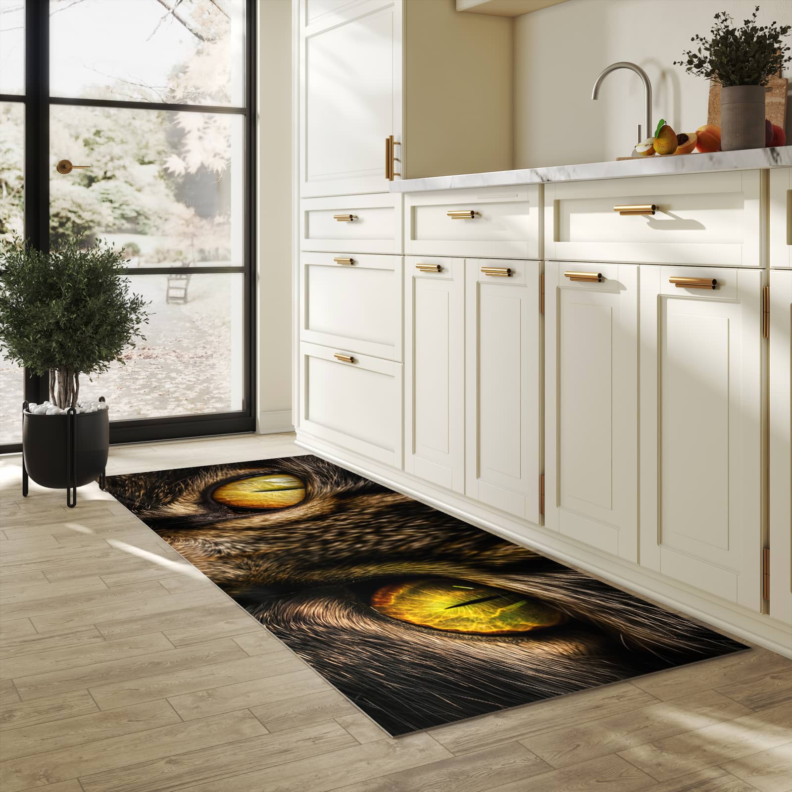 Schmutzabweisender Läufer mit Motiv Katzenaugencloseup für Eingangsbereich in heller Küche