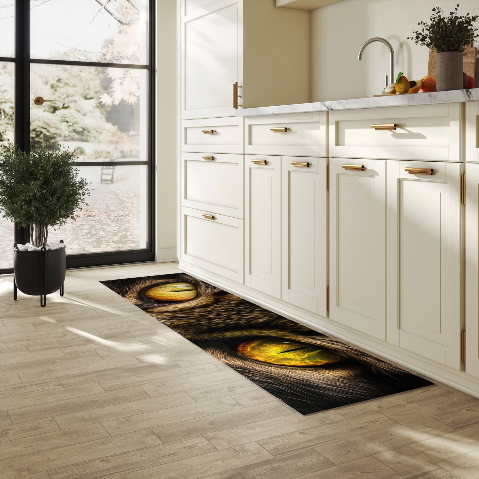 Formstabiler Küchenläufer mit Motiv Katzenaugencloseup in heller Küche