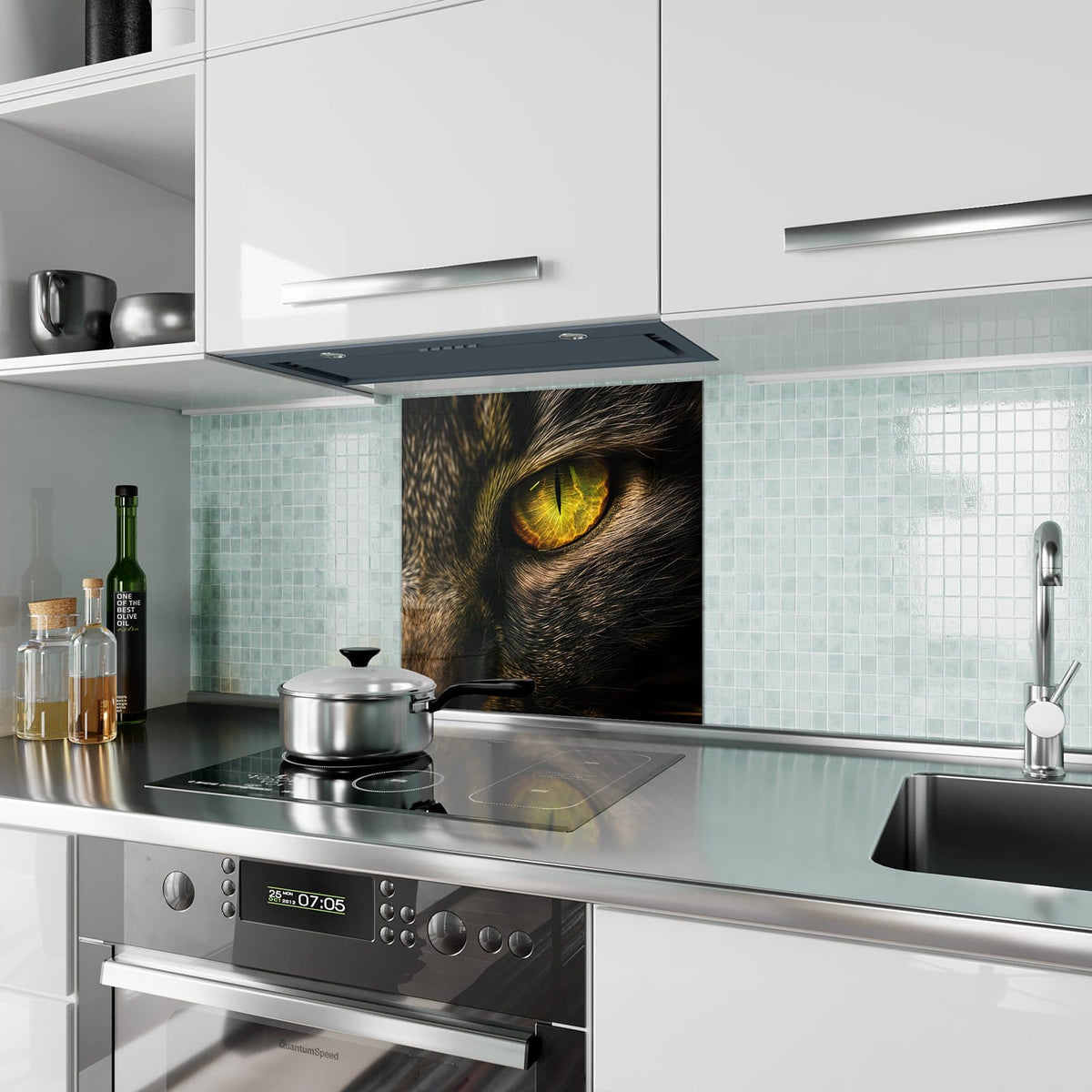 Küchenrückwand aus Glas Gelbgrünes Katzenauge im quadratischen Format als Spritzschutz hinter dem Kochfeld, über dem Fliesenspiegel montiert