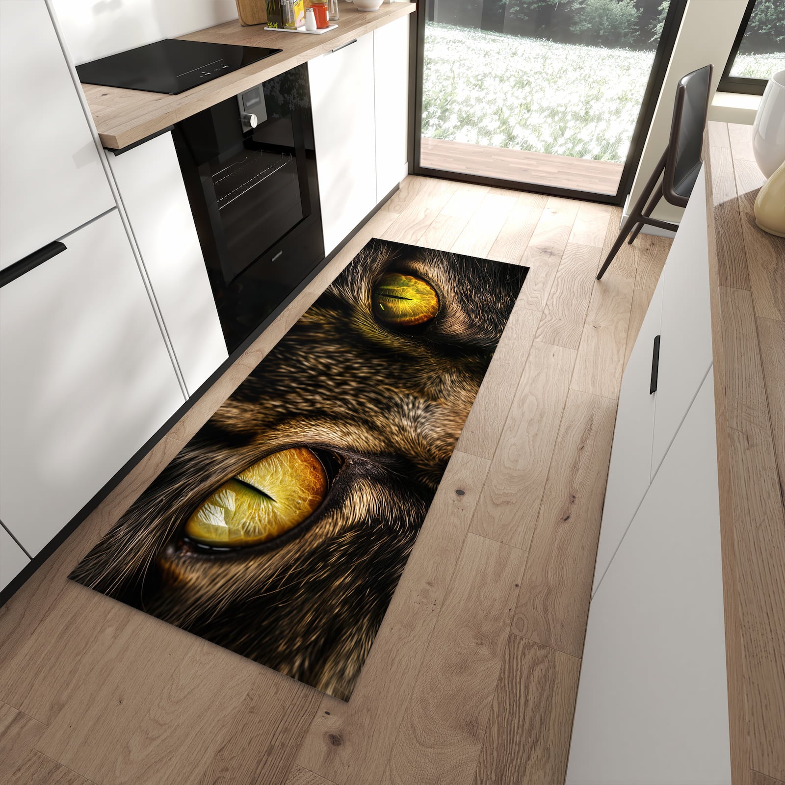 Feuchtigkeitsresistenter Teppichläufer mit Motiv Katzenaugencloseup in moderner Küche