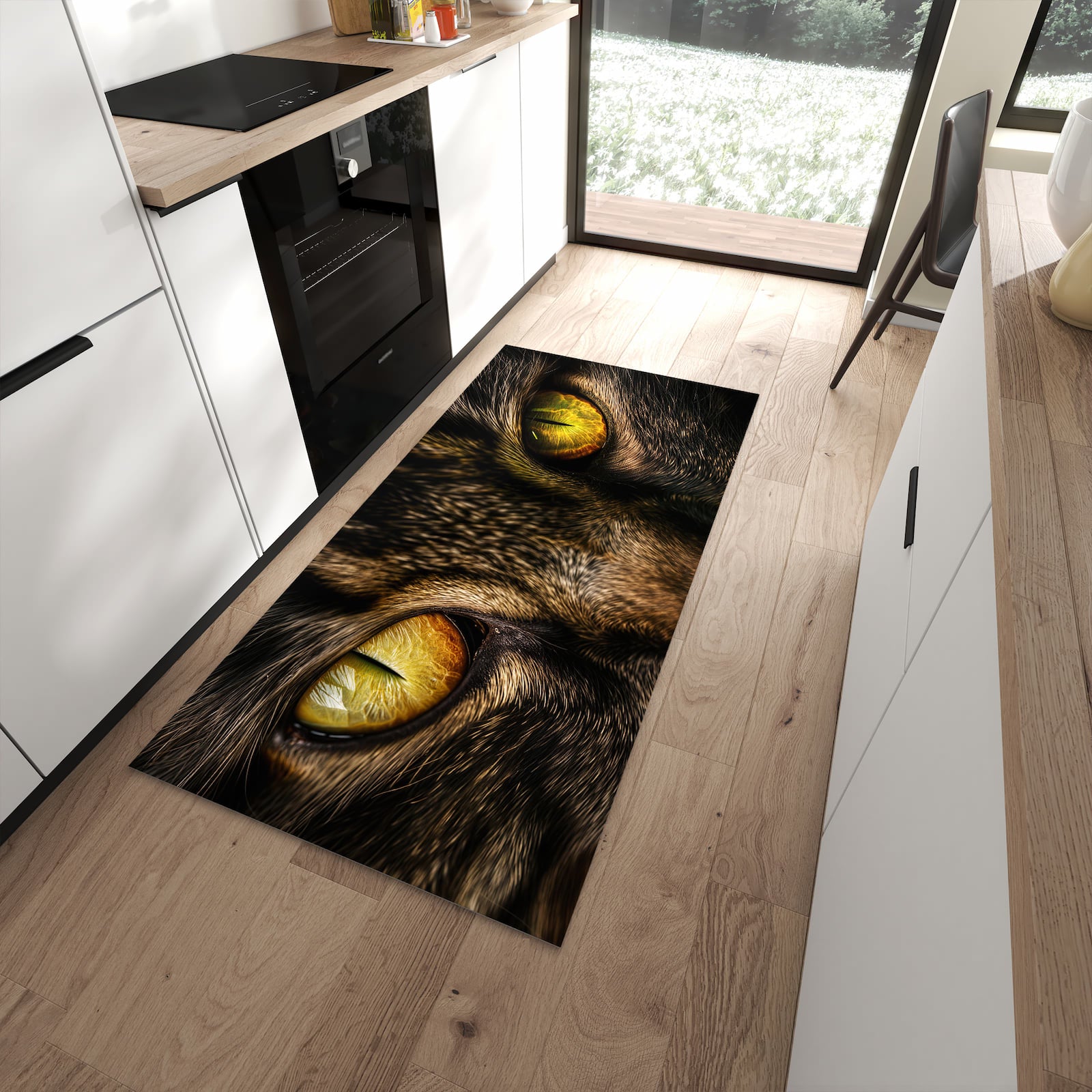 Farbbeständiger Läufer für den Eingangsbereich mit Motiv Katzenaugencloseup in moderner Küche