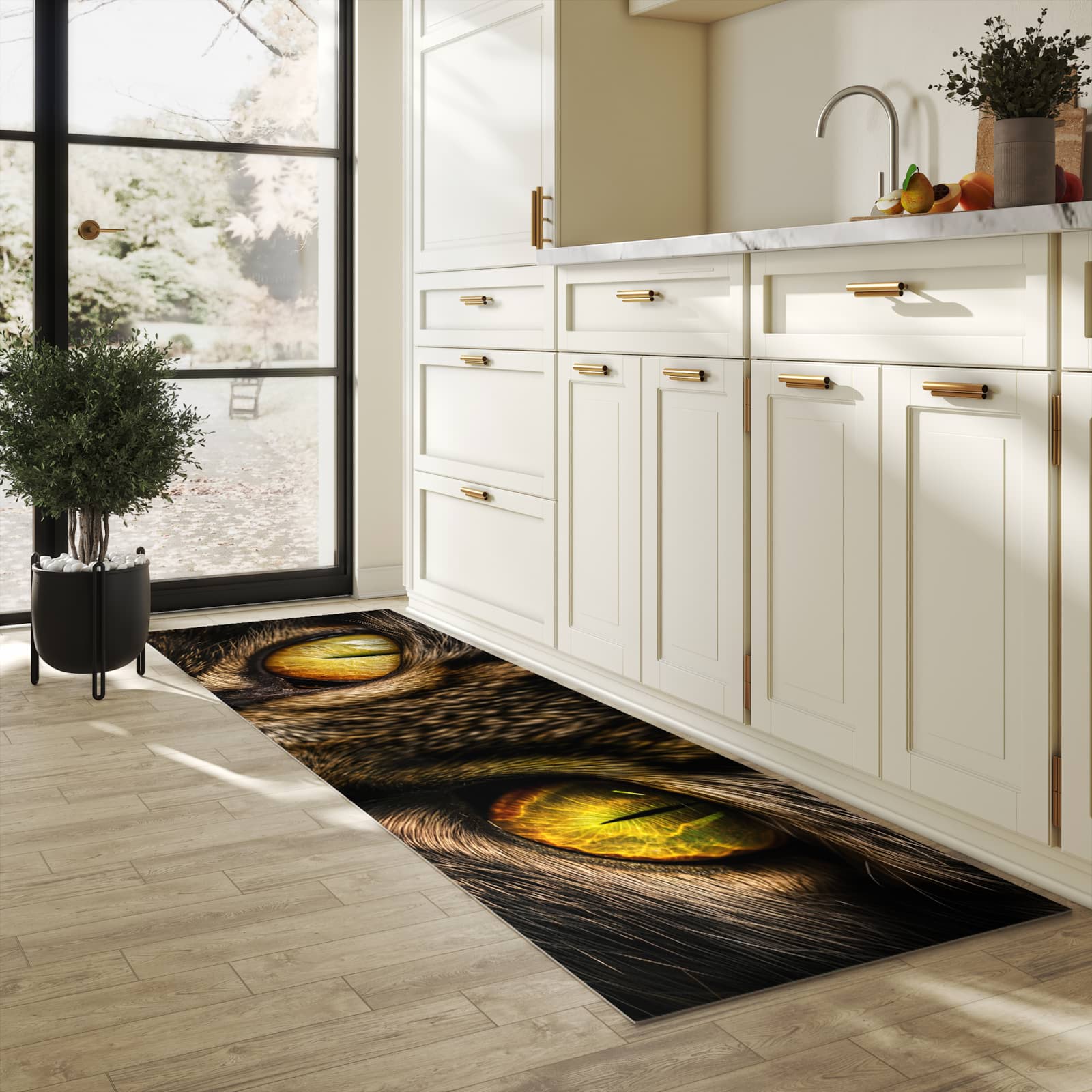 Waschbarer Küchenläufer mit Motiv Katzenaugencloseup für Trittkomfort in heller Küche