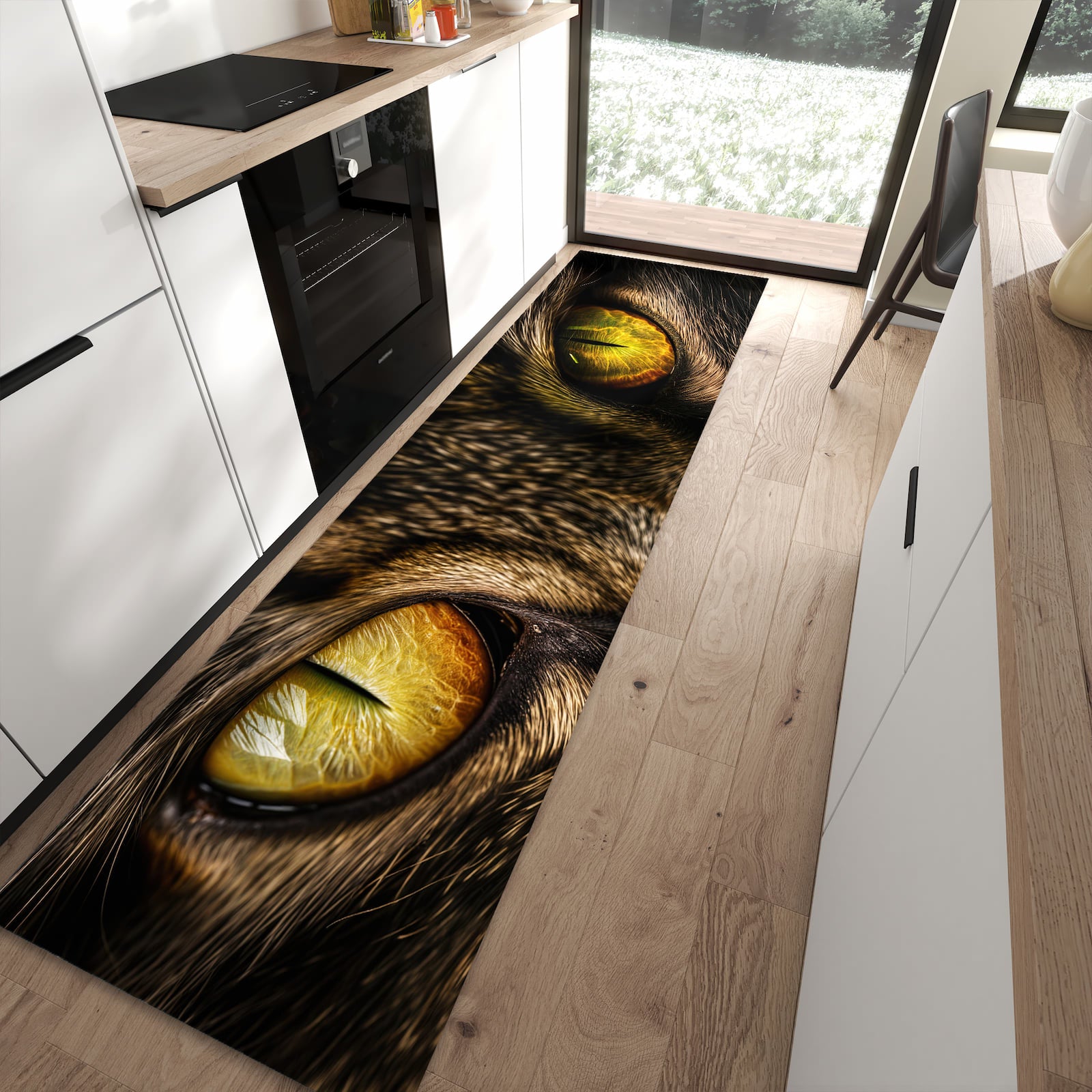 Bodenschonender langer Teppich mit Motiv Katzenaugencloseup in moderner Küche