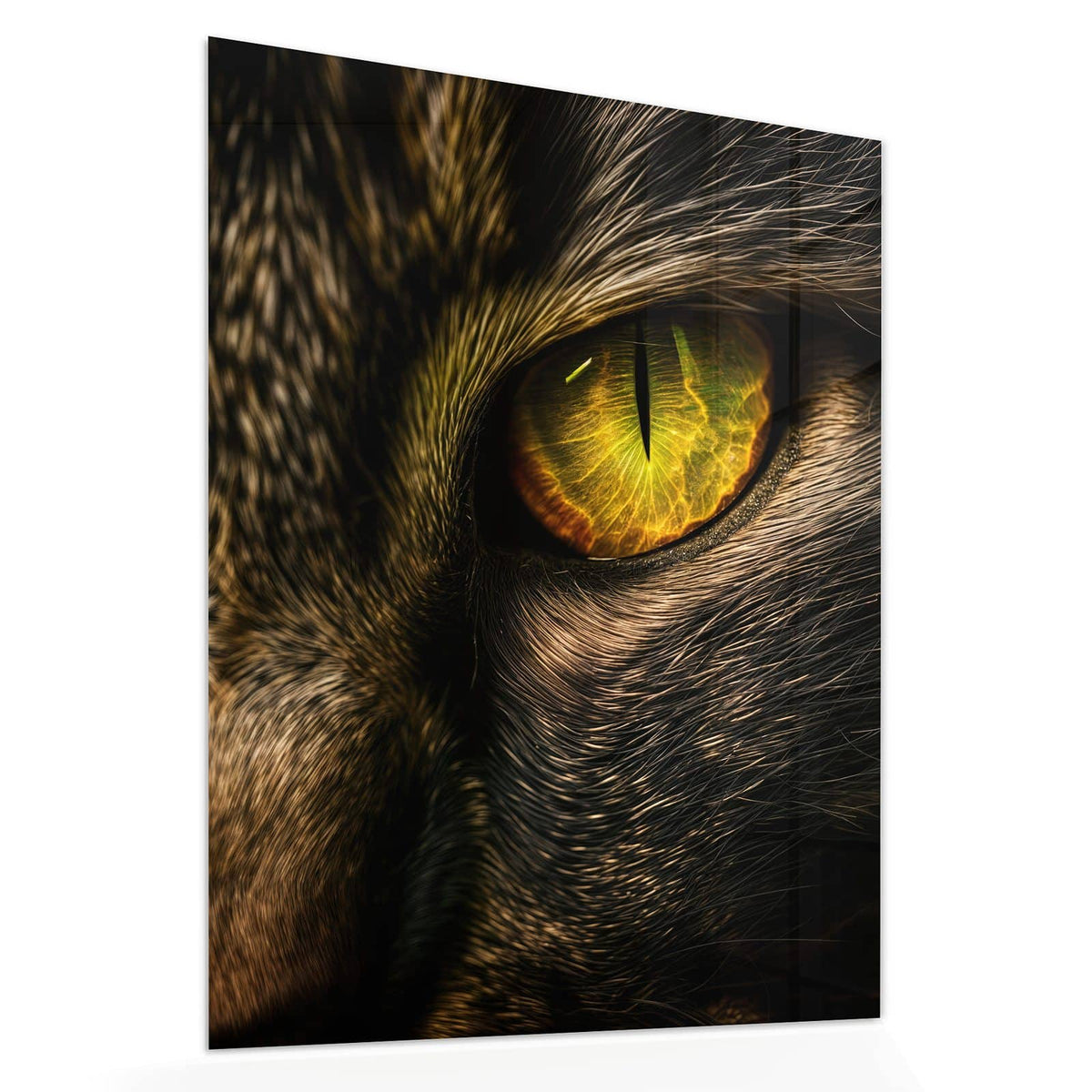 Echtglas, 4 mm – kein Acryl, keine Folie – Wandbild - Gelbgrünes Katzenauge - Hochformat
