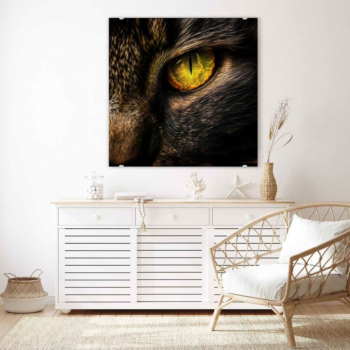 Echtglas, 4 mm – kein Acryl, keine Folie – Wandbild - Gelbgrünes Katzenauge - Quadratisch