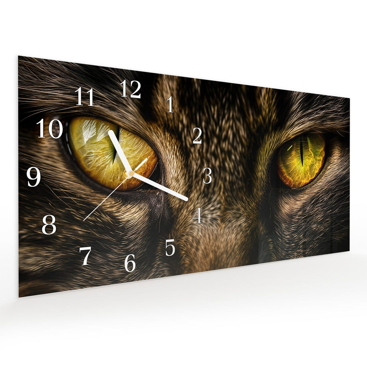 Vormontiert – mit Schwebeeffekt – Wanduhr Katzenaugen Nahaufnahme aus Glas – Querformat 60 × 30 cm