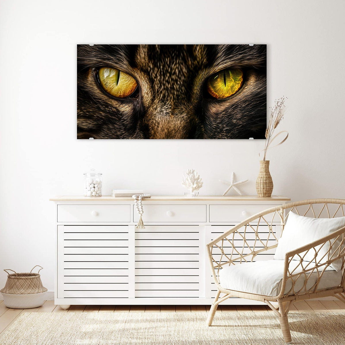 Echtglas, 4 mm – kein Acryl, keine Folie – Wandbild - Gelbgrünes Katzenauge - Querformat