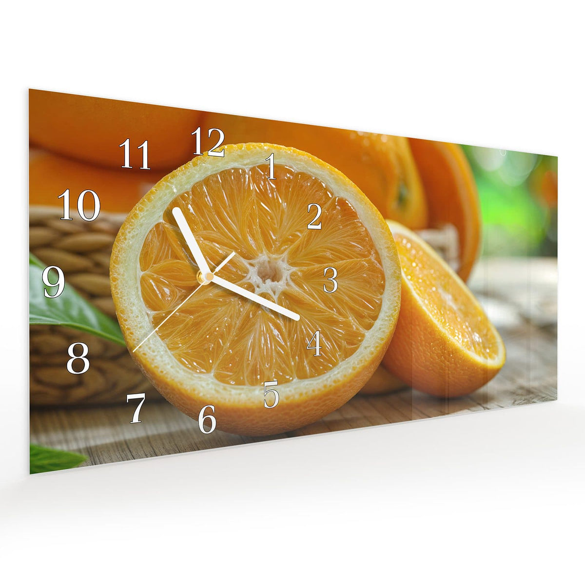 Vormontiert – mit Schwebeeffekt – Wanduhr Frische Orangen aus Glas – Querformat 60 × 30 cm