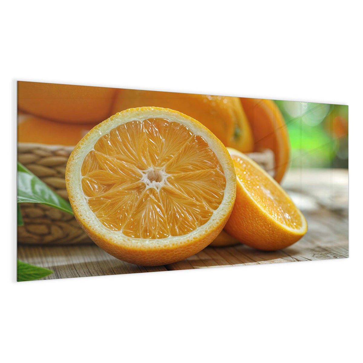 Aufgeschnittene Orange und ganze Orangen in einem Korb auf einem Holztisch vor grünem Bokeh