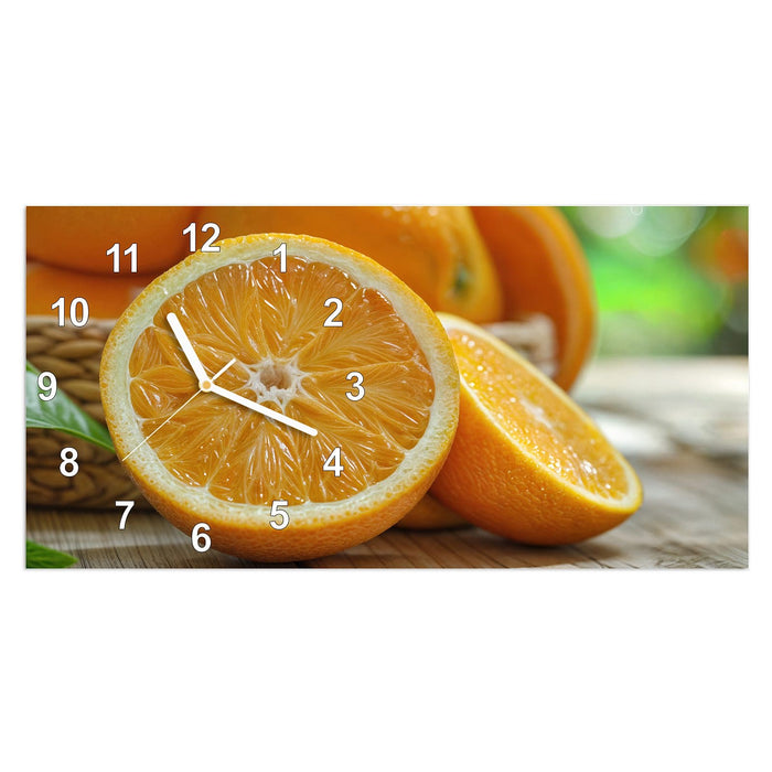 Wanduhr Frische Orangen aus Glas – Querformat 60 × 30 cm mit Ziffernblatt Modern