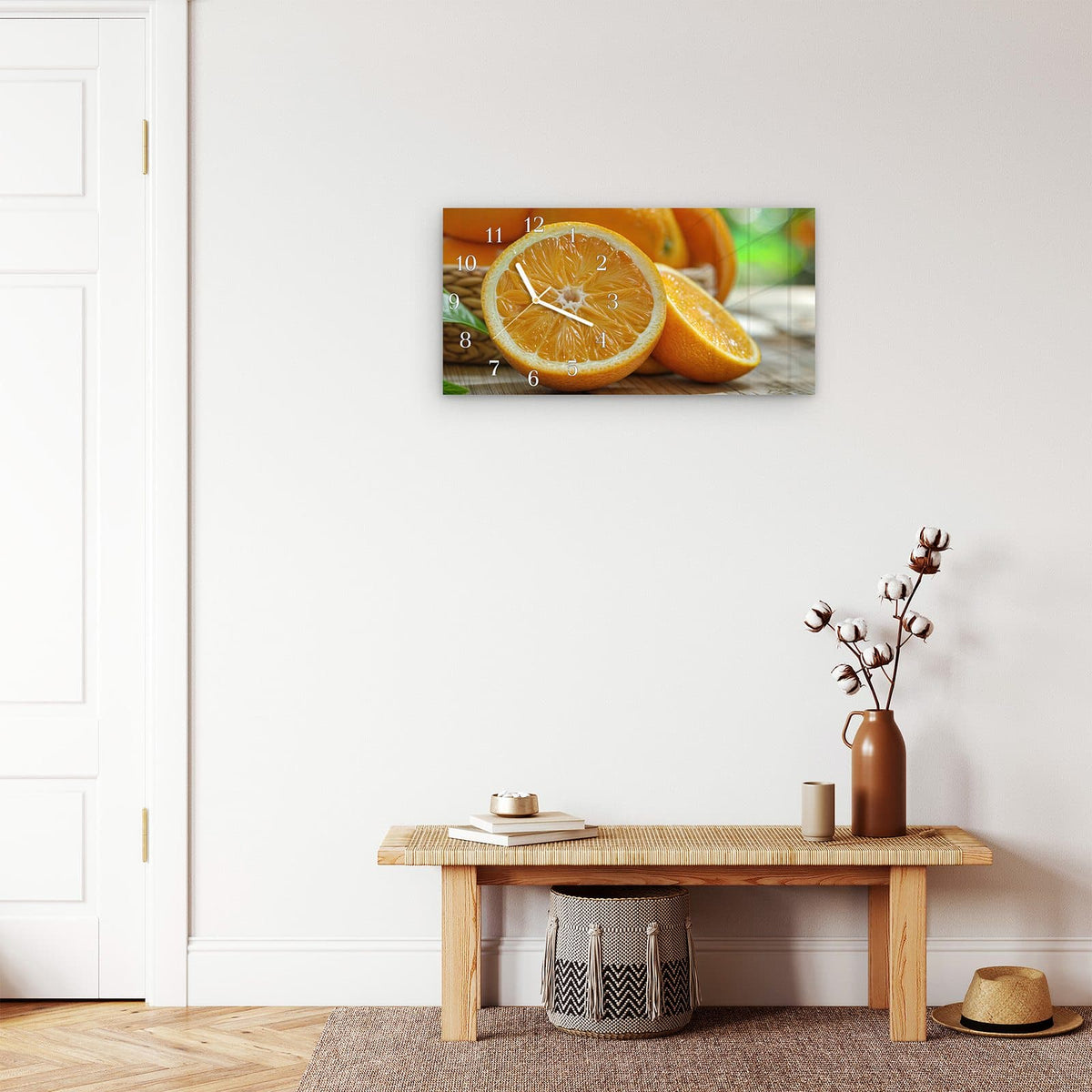 Moderne Wanduhr aus Glas mit Farbtiefe – Wanduhr Frische Orangen aus Glas – Querformat 60 × 30 cm