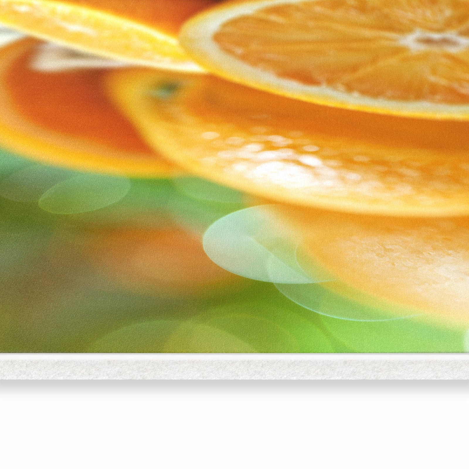 Waschbarer großer Küchenteppich mit Motiv Frische Orangen in seitlicher Ansicht