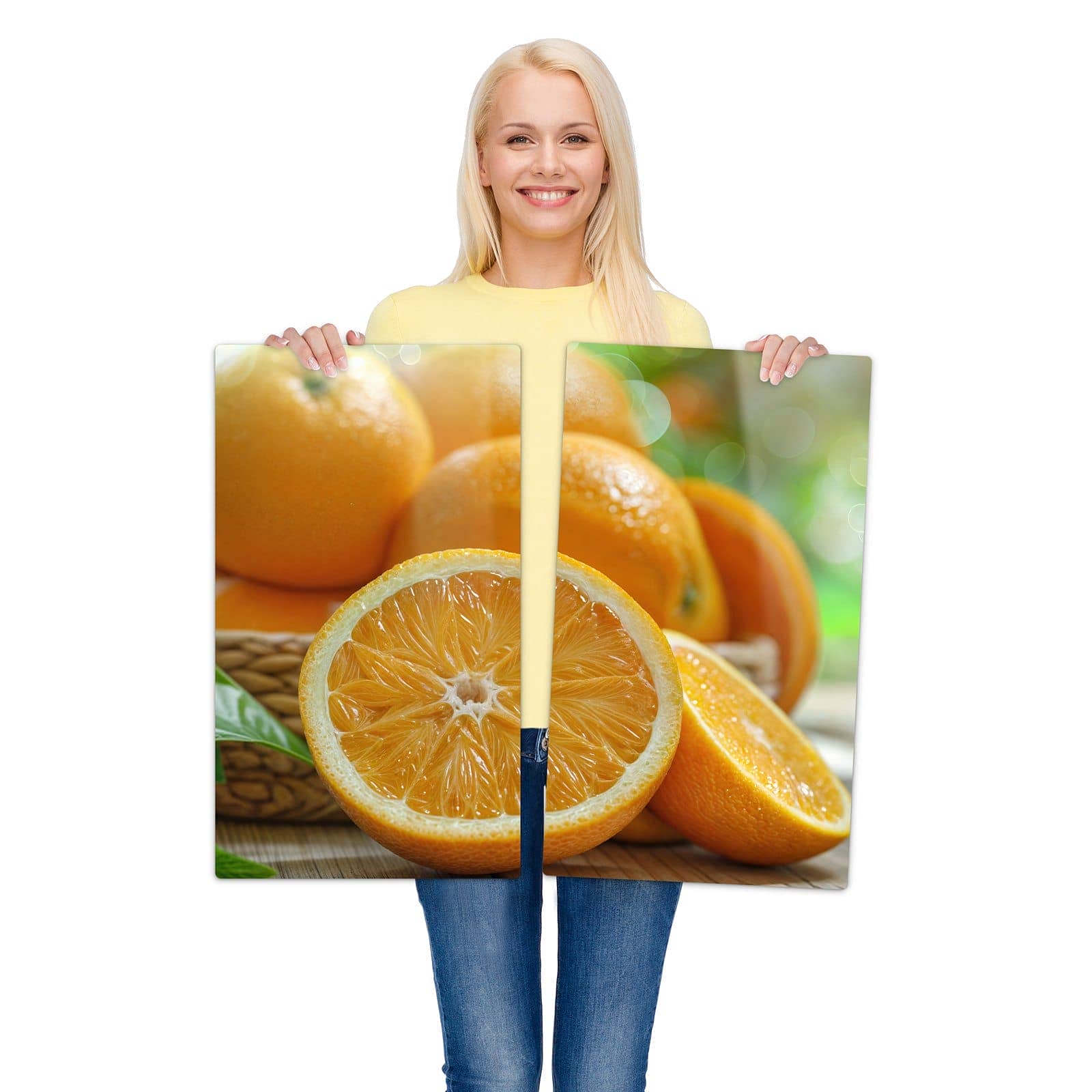 2-teilige Glasplatte für Herd mit Frische Orangen-Motiv wird zur Größendarstellung gehalten
