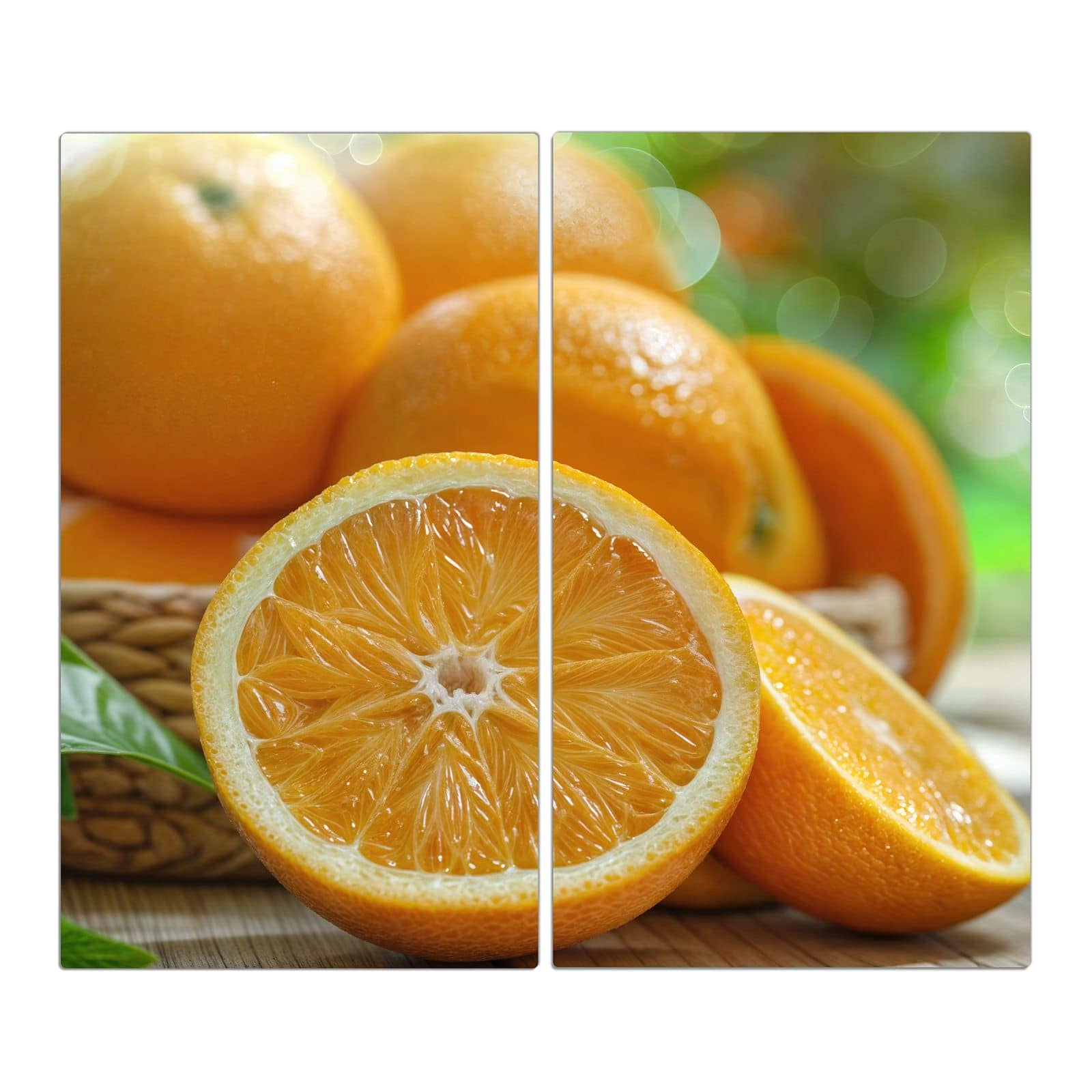 2-teilige Abdeckplatten für Ceranfeld mit Frische Orangen-Motiv in der Frontansicht #grösse_2-Teilig (60x52cm)