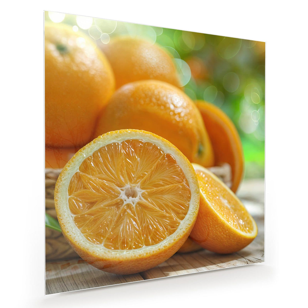 Aufgeschnittene Orange und ganze Orangen in einem Korb auf einem Holztisch vor grünem Bokeh