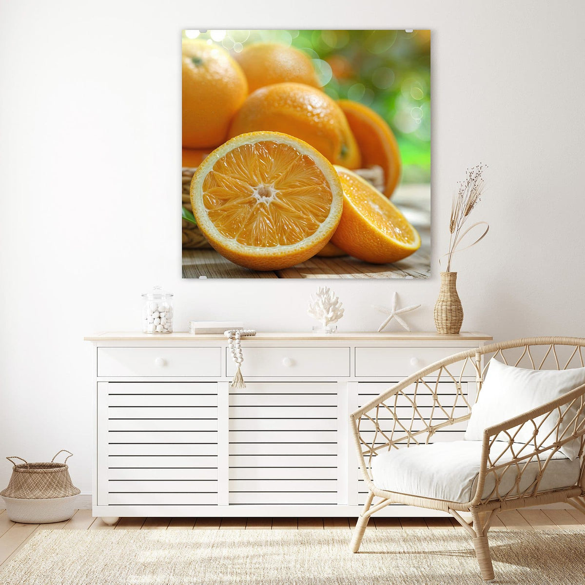 Glasbild Orangen auf Holz an der Wand – Aufgeschnittene Orange und ganze Orangen in einem Korb auf einem Holztisch vor grünem Bokeh