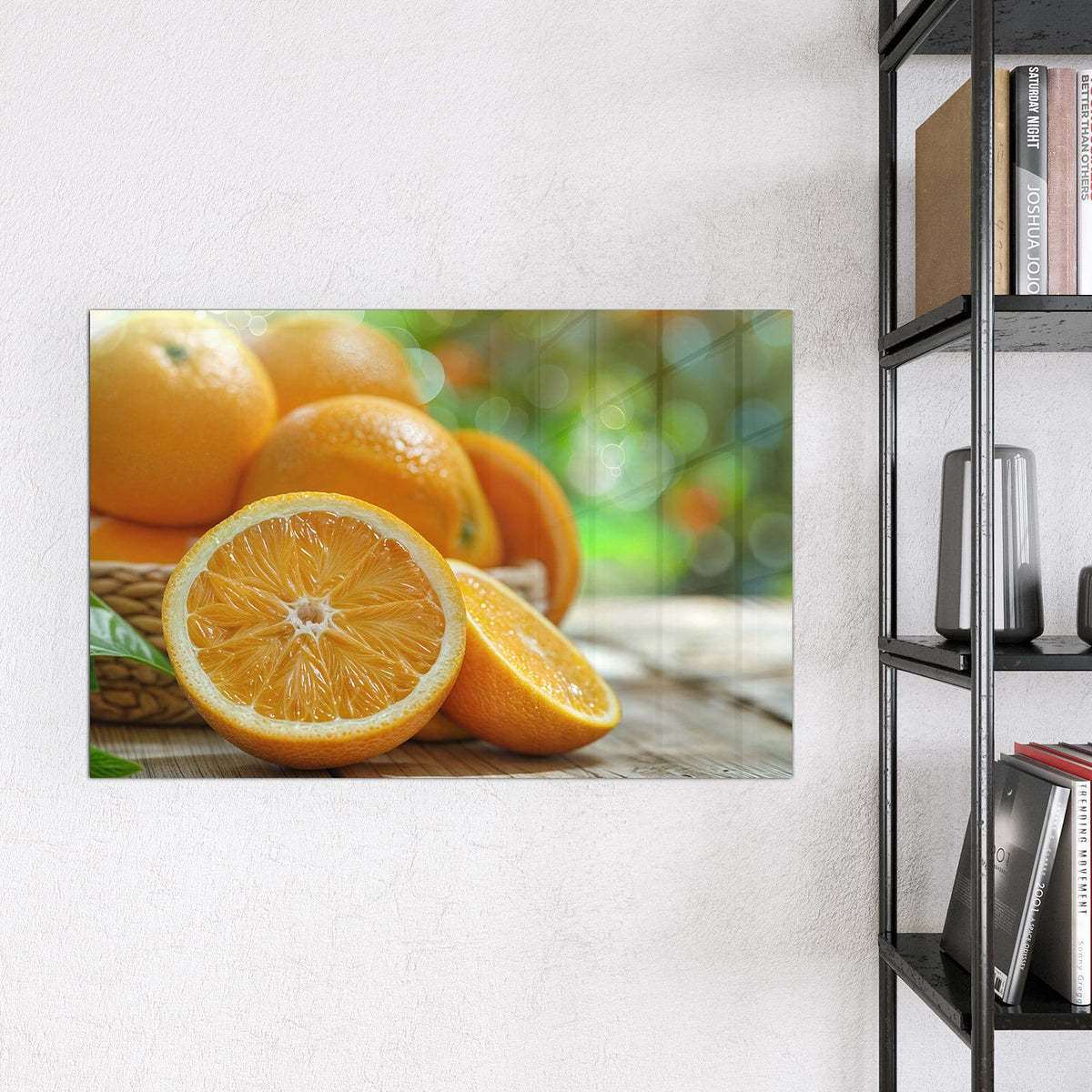 Magnettafel - Orangen auf Holz – Aufgeschnittene Orange auf Holz