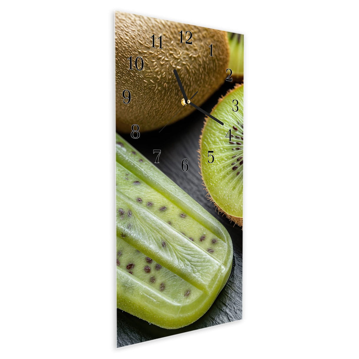 Vormontiert – mit Schwebeeffekt – Wanduhr Kiwi Eis am Stiel aus Glas – Hochformat 30 × 60 cm