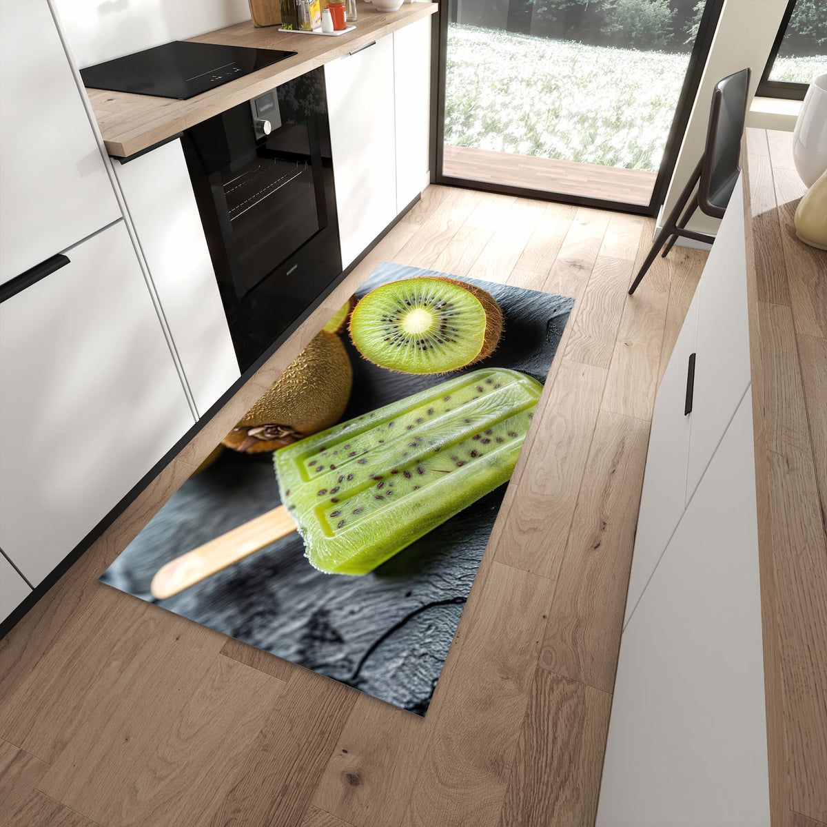 Geräuschdämpfender waschbarer Küchenläufer mit Motiv Kiwi Eis am Stiel in moderner Küche