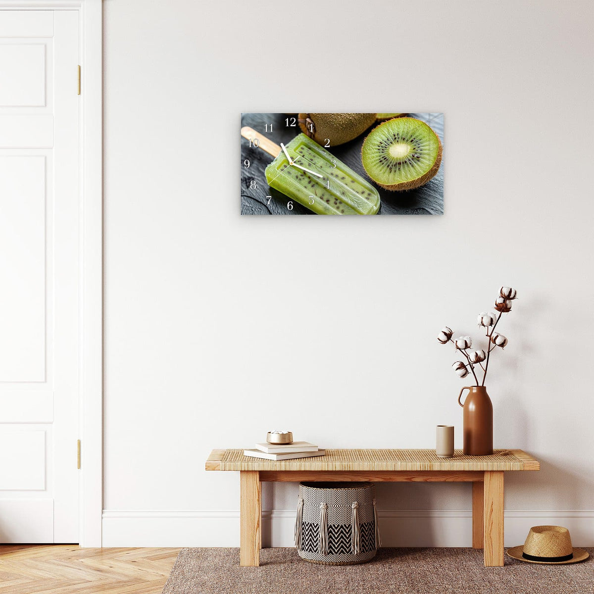 Moderne Wanduhr aus Glas mit Farbtiefe – Wanduhr Kiwi Eis am Stiel aus Glas – Querformat 60 × 30 cm
