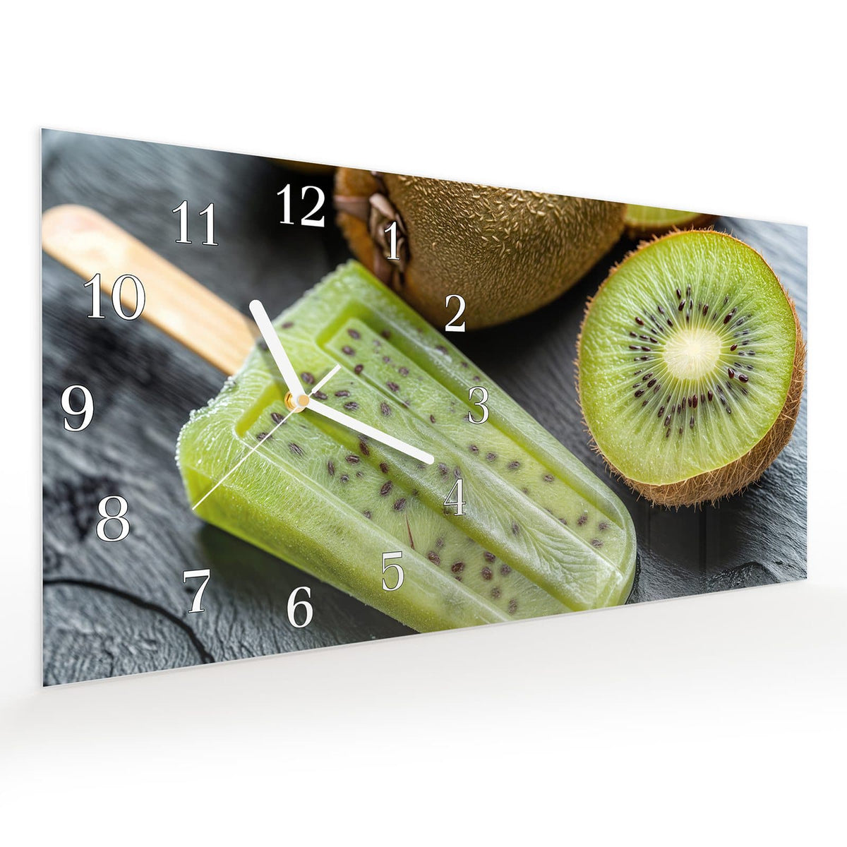 Vormontiert – mit Schwebeeffekt – Wanduhr Kiwi Eis am Stiel aus Glas – Querformat 60 × 30 cm