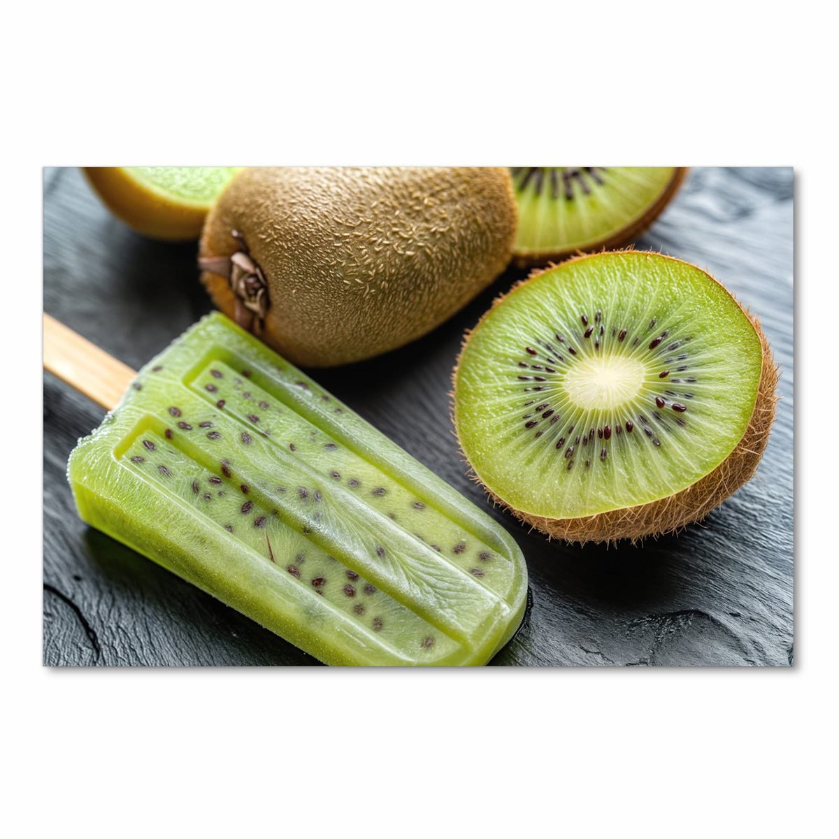 Feuchtigkeitsresistenter dünner Küchenteppich mit Motiv Kiwi Eis am Stiel in Frontansicht