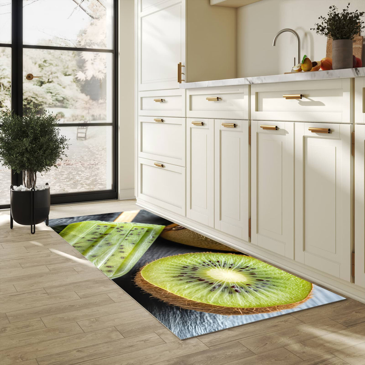 Rutschfester Küchenteppich mit Motiv Kiwi Eis am Stiel in heller Küche schützt den Boden