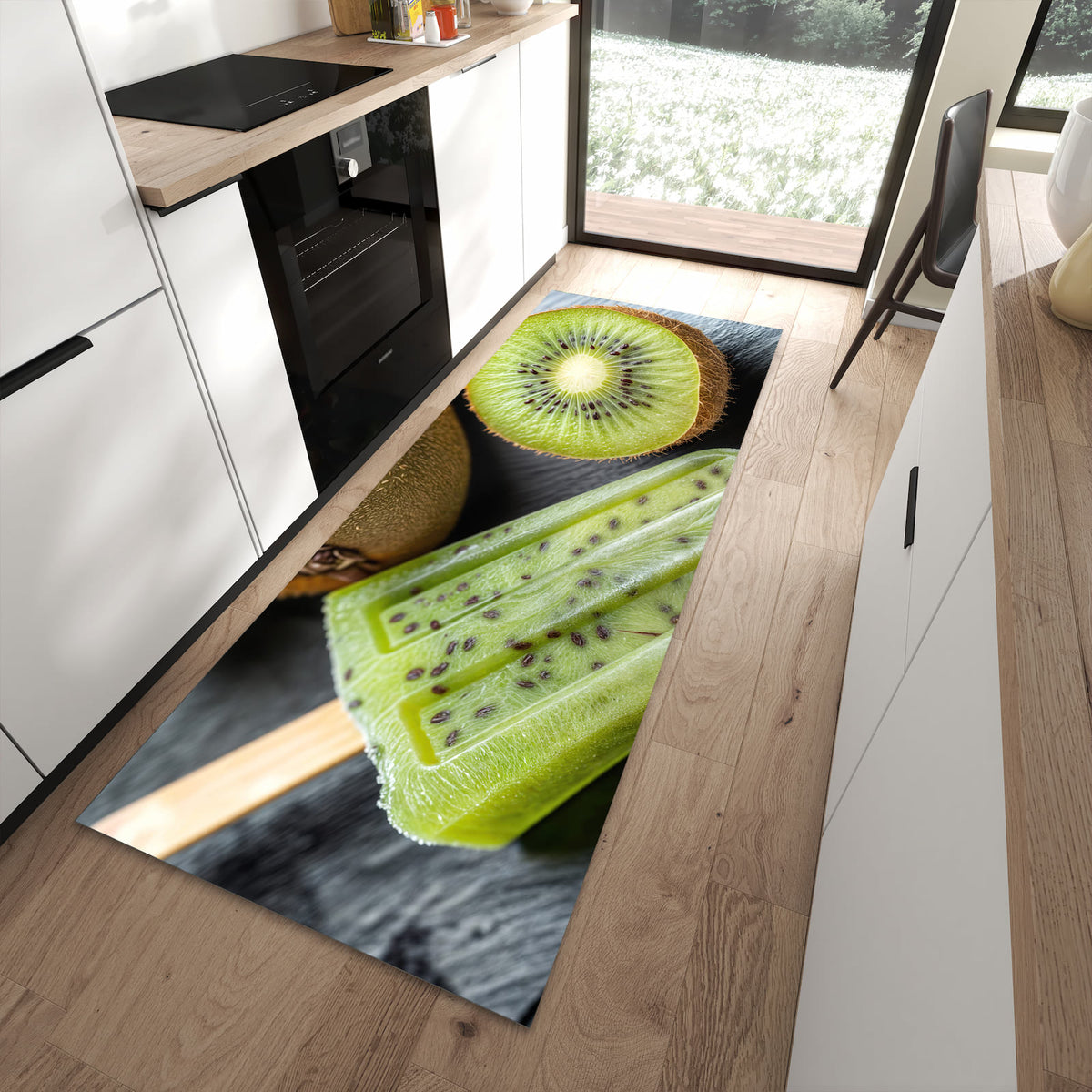 Abriebfester rutschfester Küchenläufer mit Motiv Kiwi Eis am Stiel in moderner Küche