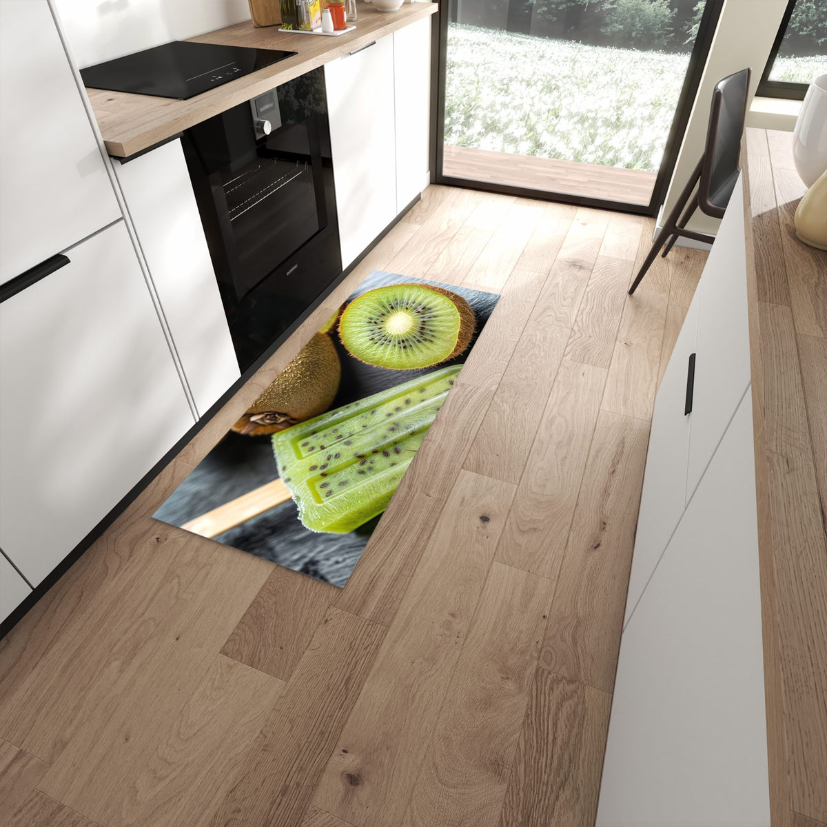 Langlebiger waschbarer Küchenteppich mit Motiv Kiwi Eis am Stiel in moderner Küche #grösse_60 x 150 cm