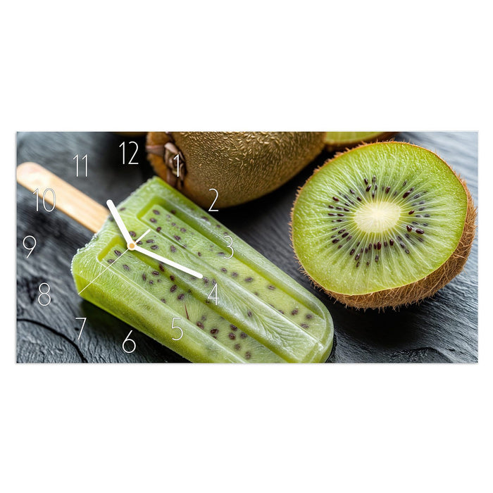 Wanduhr Kiwi Eis am Stiel aus Glas – Querformat 60 × 30 cm mit Ziffernblatt Elegant