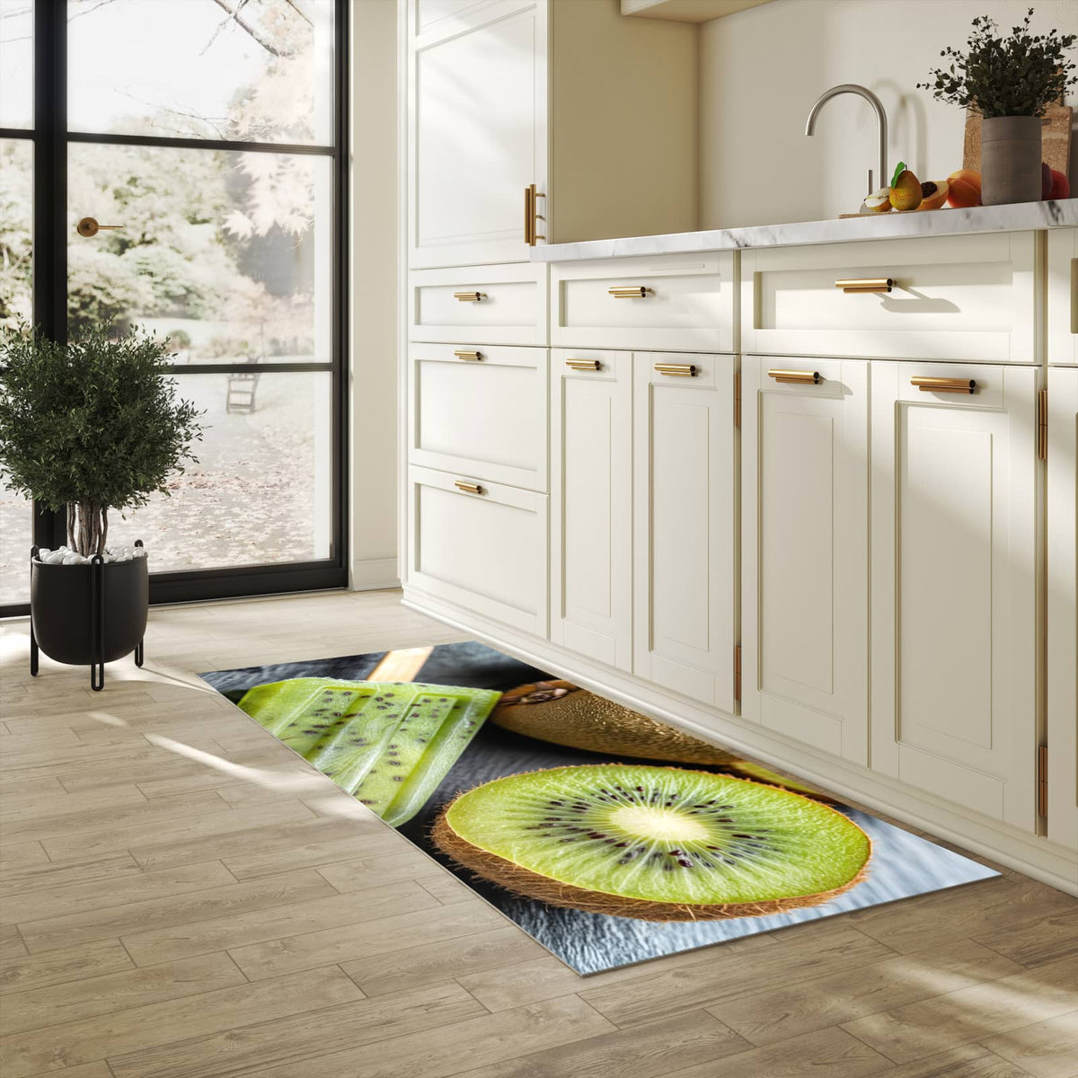 Strapazierfähiger Bodenläufer mit Motiv Kiwi Eis am Stiel in heller Küche