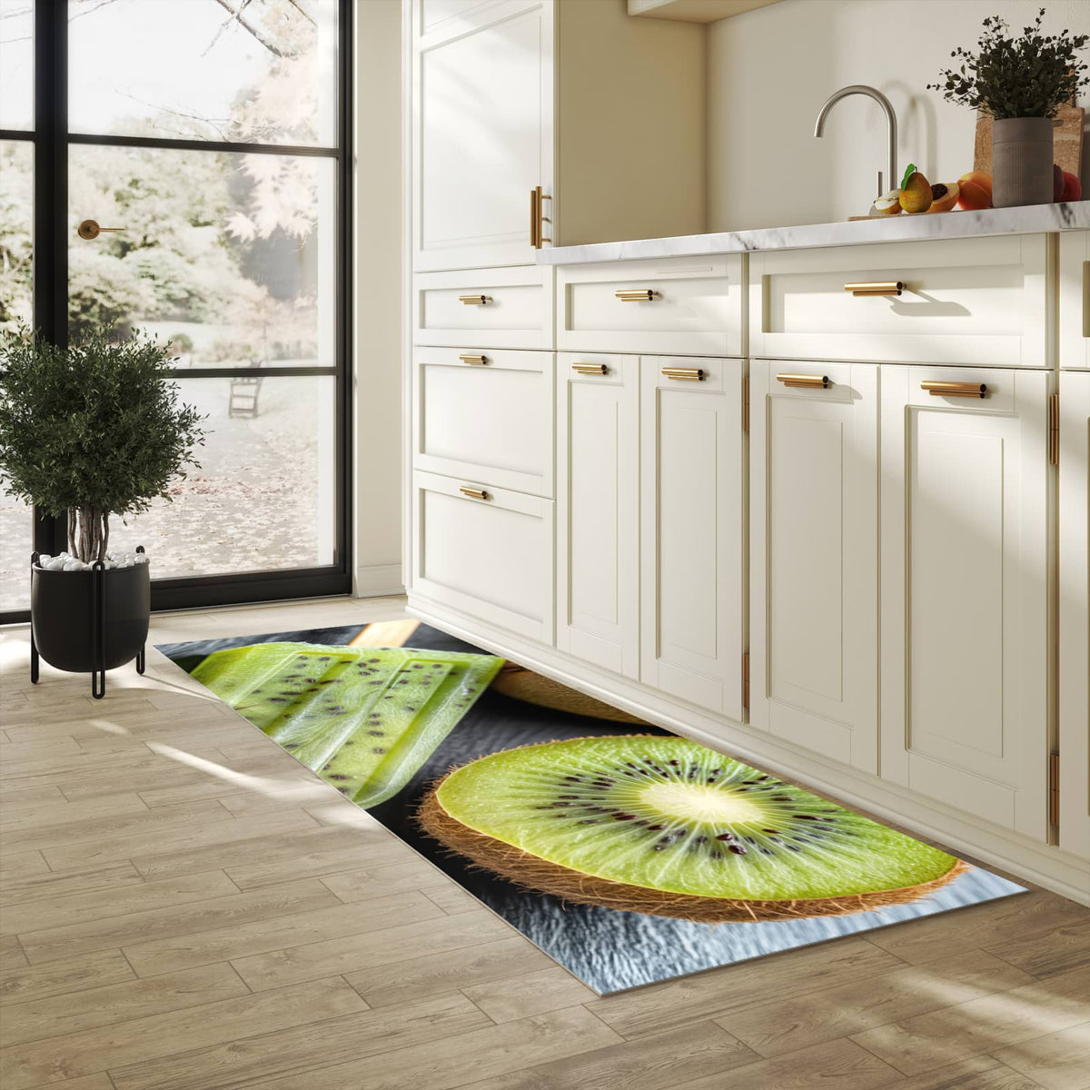 Waschbarer Bodenläufer Teppich mit Motiv Kiwi Eis am Stiel in heller Küche