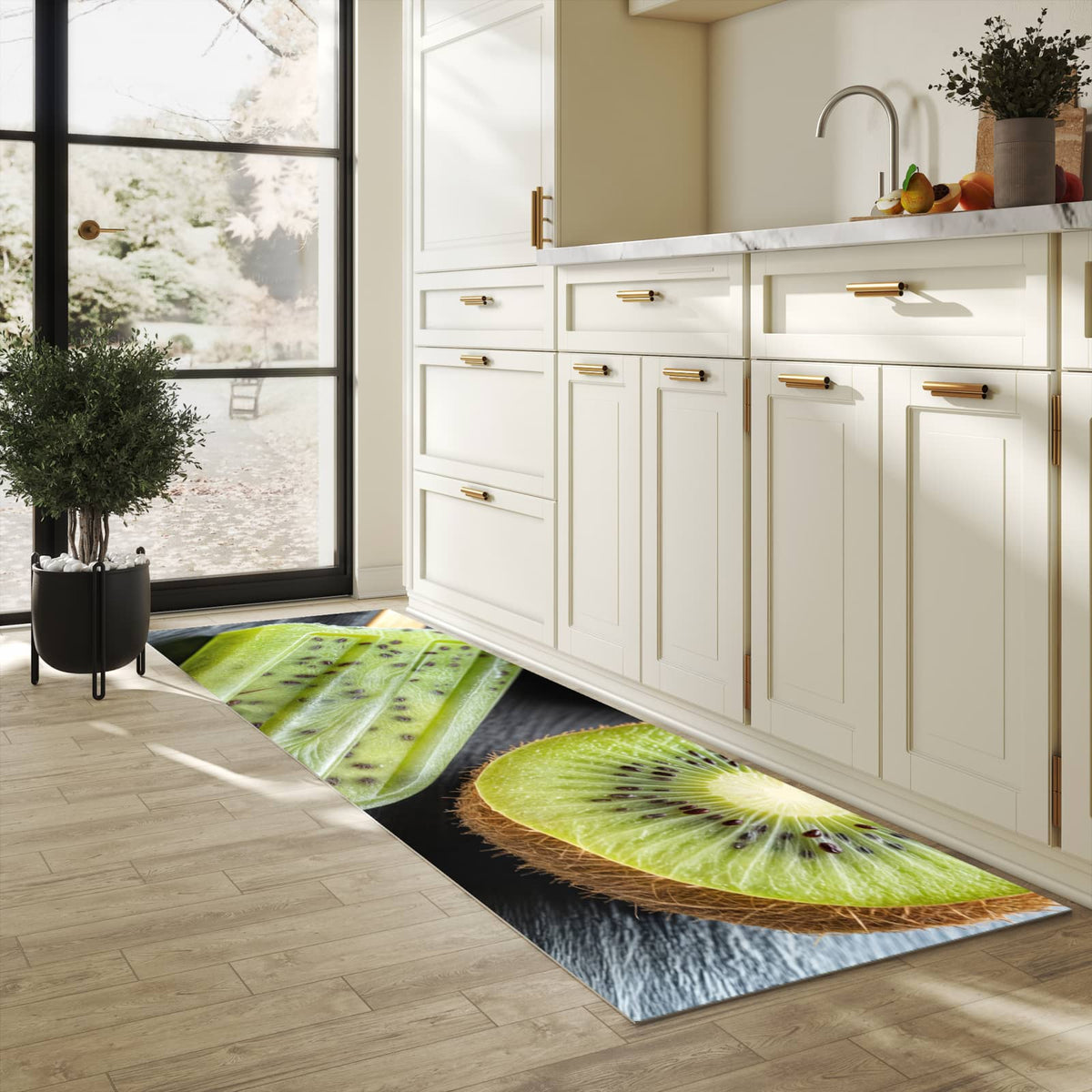 Langlebiger Küchenteppich mit Motiv Kiwi Eis am Stiel in heller Küche