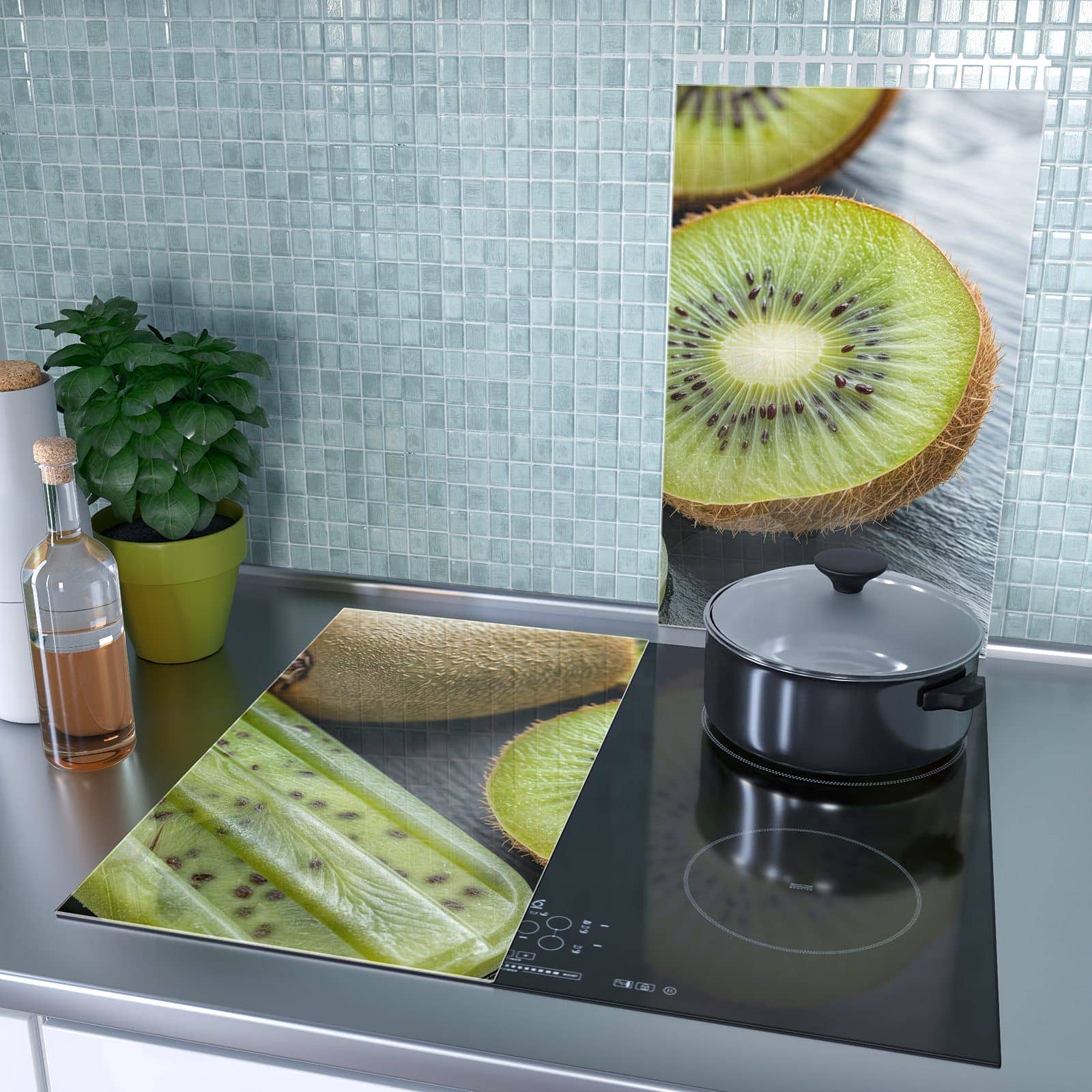 2-teilige Abdeckplatten für Herd mit Kiwi Eis am Stiel-Motiv als Spritzschutz hinter dem Kochfeld