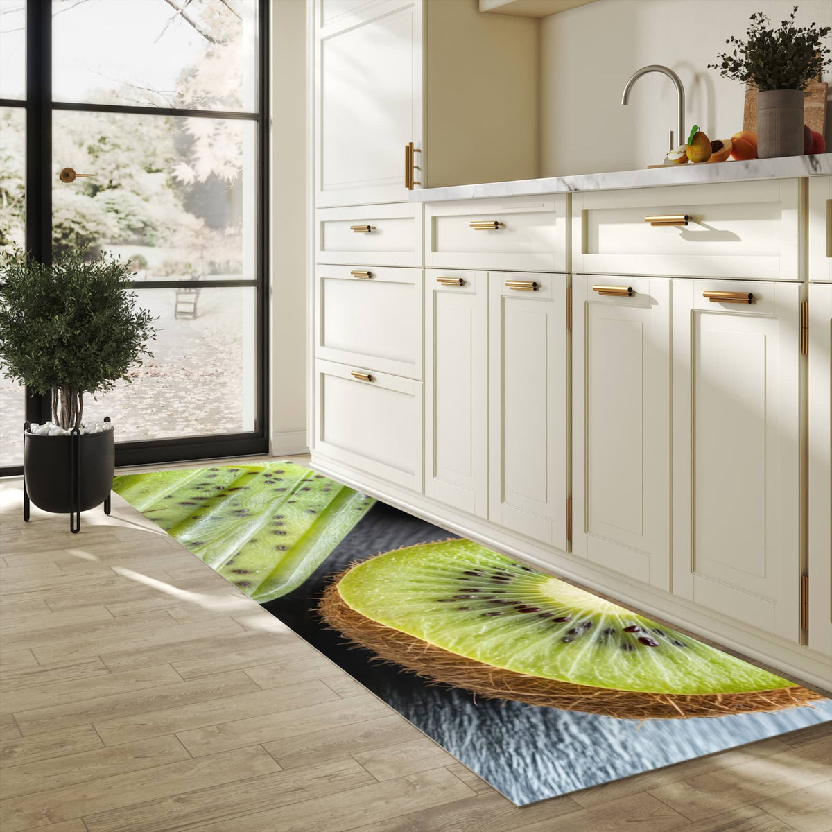 Rutschfester Küchenteppich mit Motiv Kiwi Eis am Stiel in heller Küche