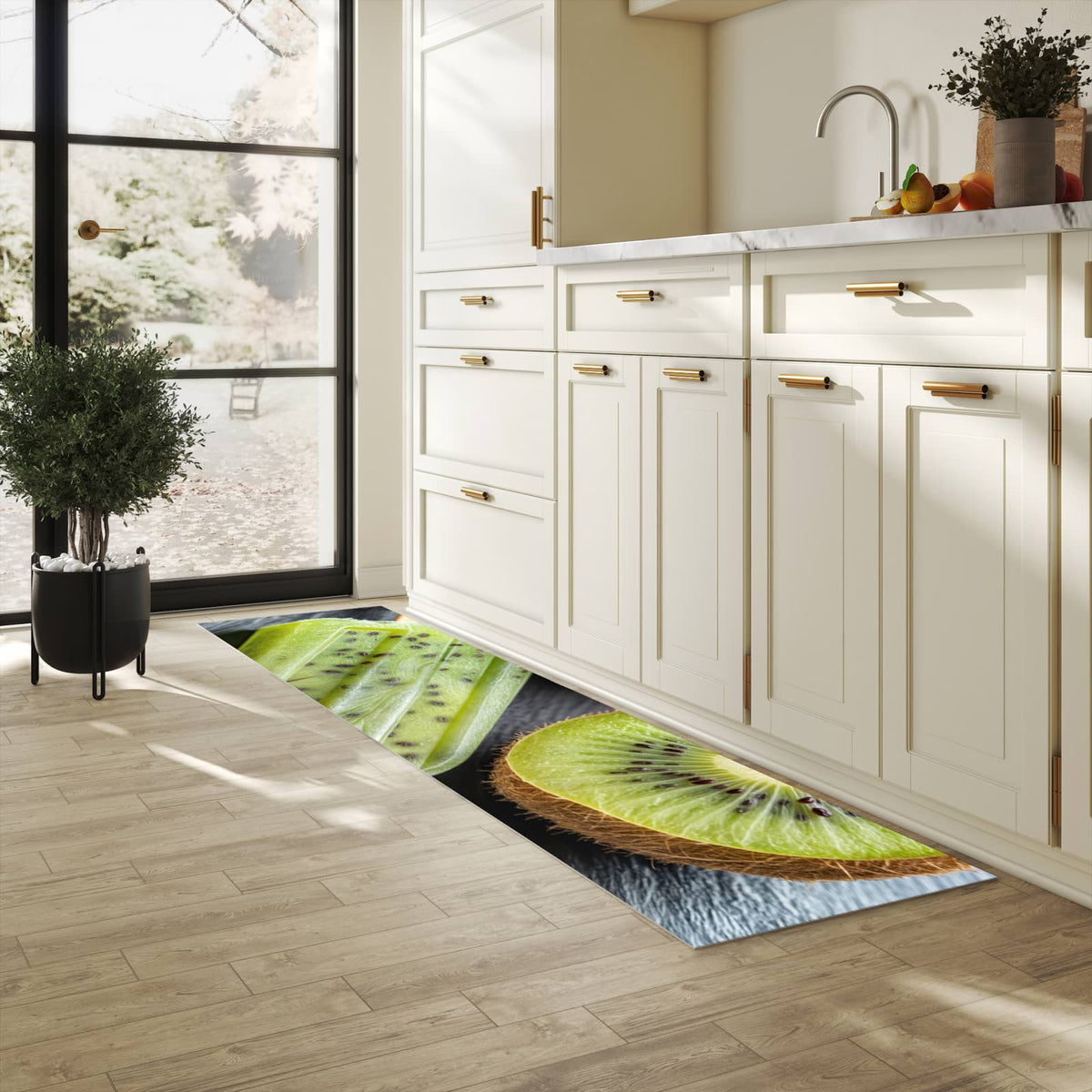 Waschbarer Teppich fürs Esszimmer mit Motiv Kiwi Eis am Stiel in heller Küche