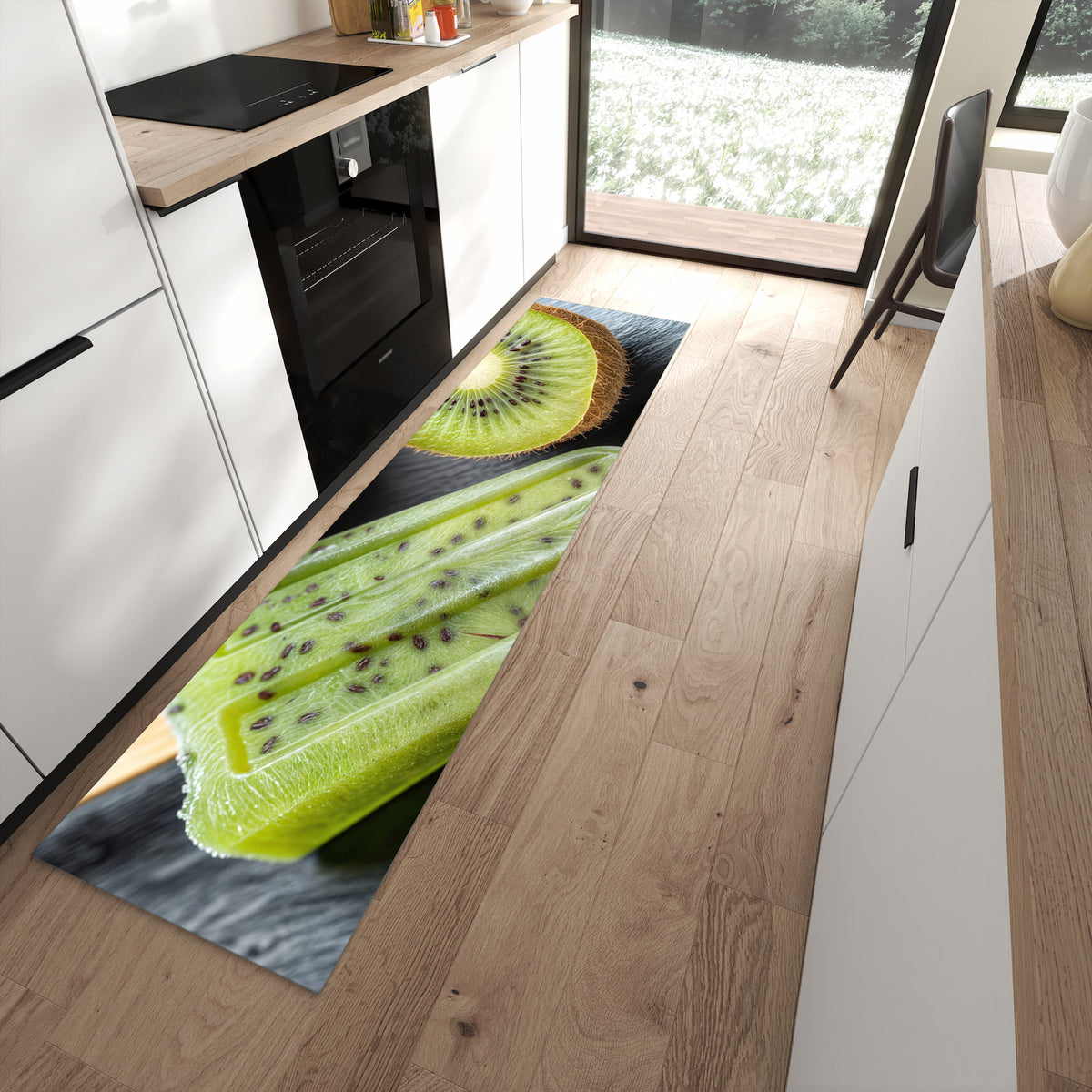 Feuchtigkeitsresistenter Küchenteppich mit Motiv Kiwi Eis am Stiel in moderner Küche