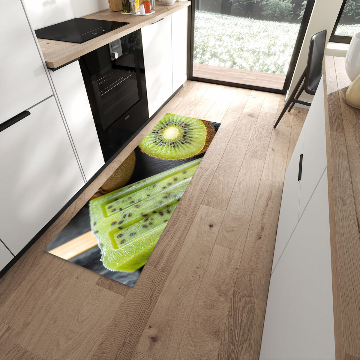Rutschfester großer Küchenteppich mit Motiv Kiwi Eis am Stiel in moderner Küche