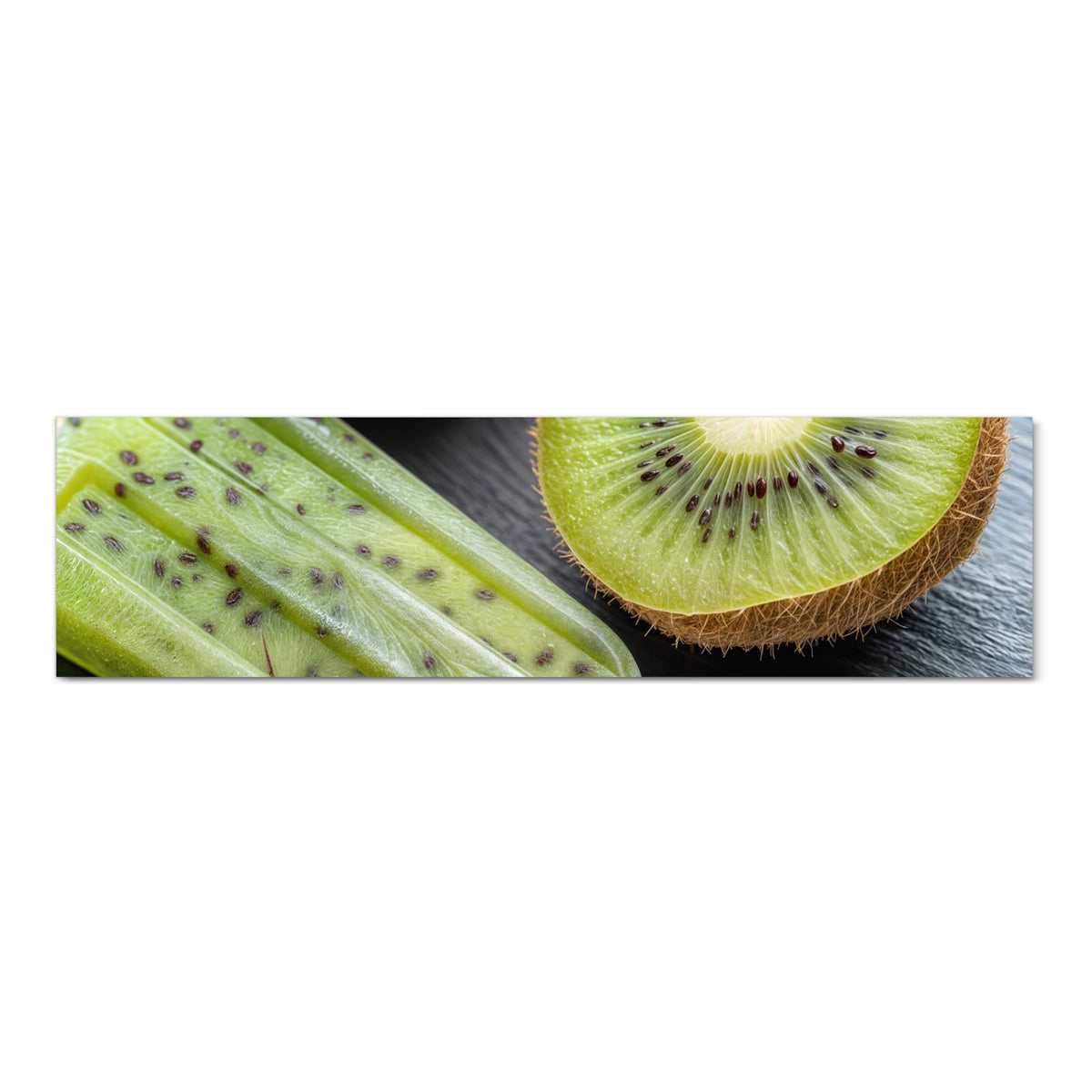 Bodenschonender Teppich fürs Esszimmer mit Motiv Kiwi Eis am Stiel in Frontansicht, waschbar