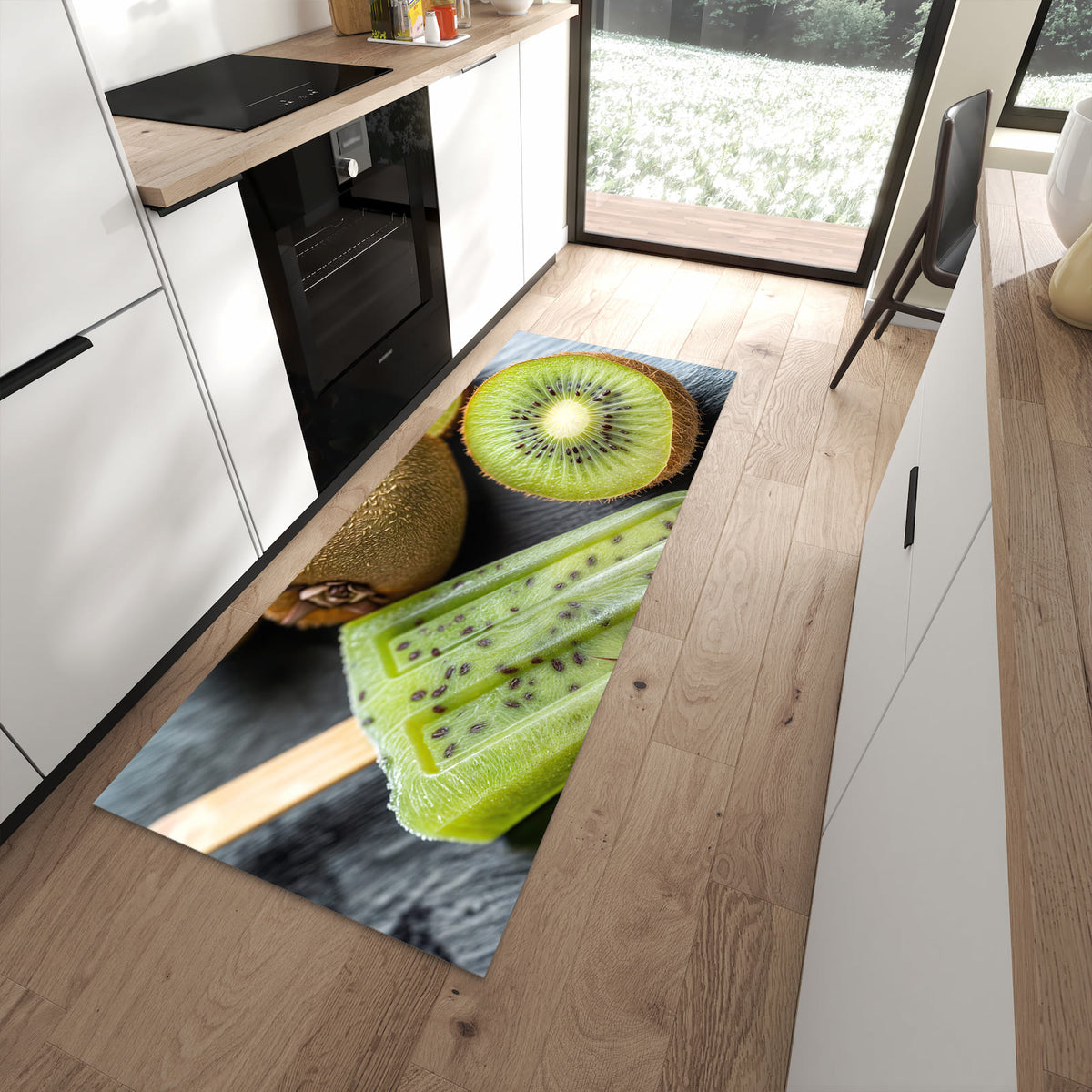 Farbbeständiger waschbarer Küchenläufer mit Motiv Kiwi Eis am Stiel in moderner Küche