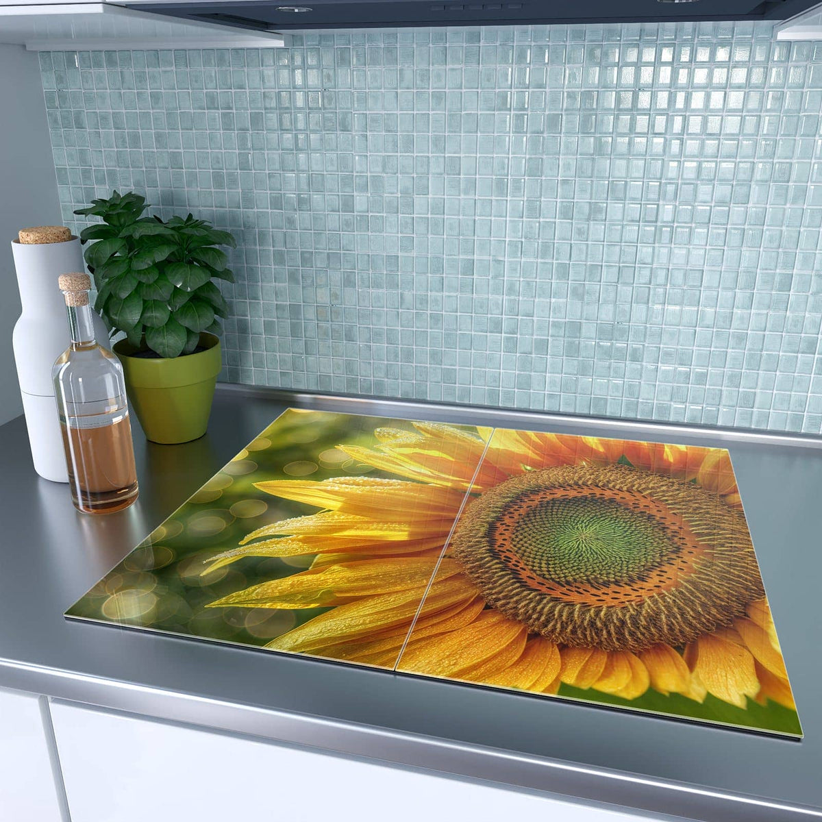 Herdabdeckplatte Sonnenblume mit Tau – Sonnenblume mit glitzernden Tautropfen