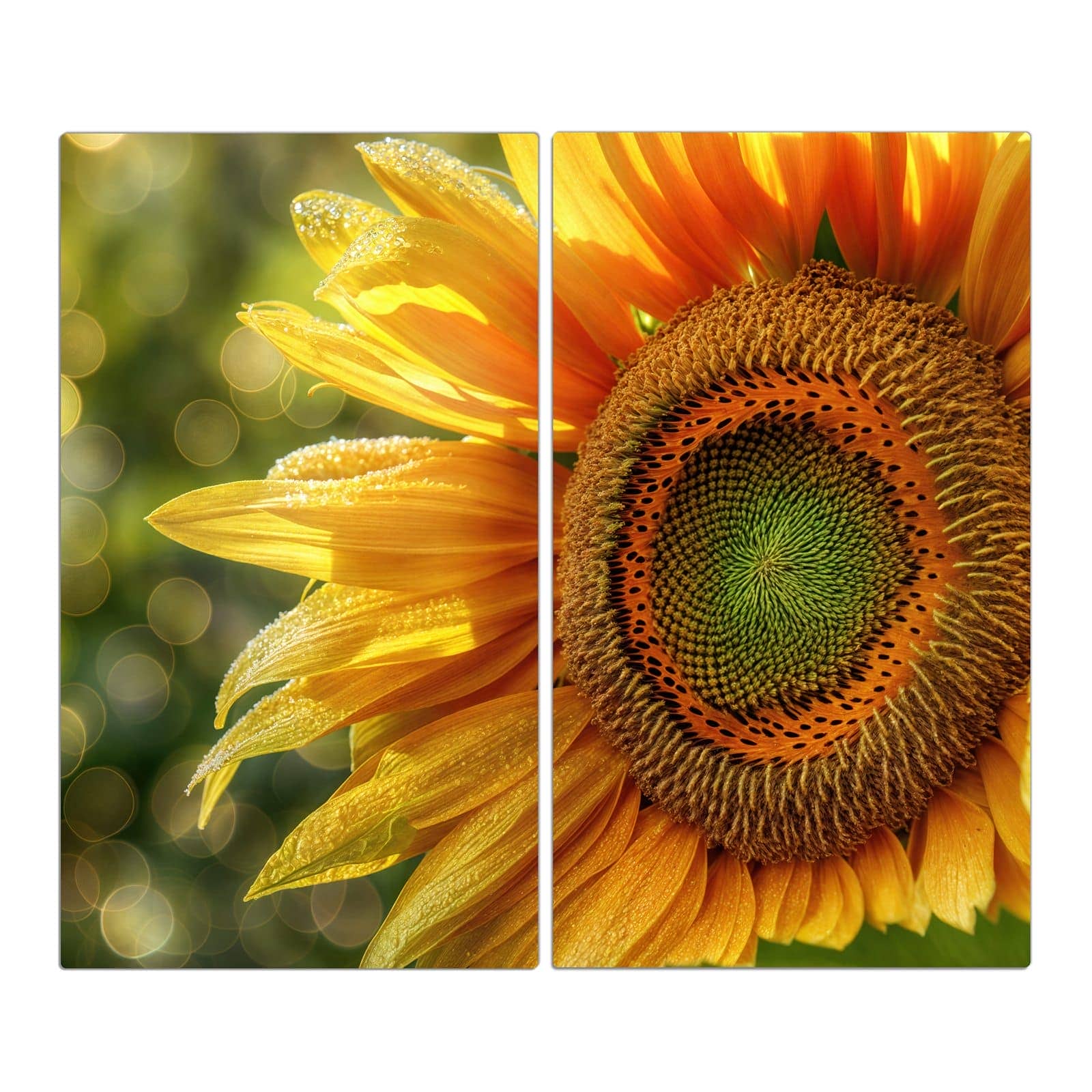 2-teilige Herdabdeckung aus Holz mit Sonnenblume Makro-Motiv in der Frontansicht #grösse_2-Teilig (60x52cm)