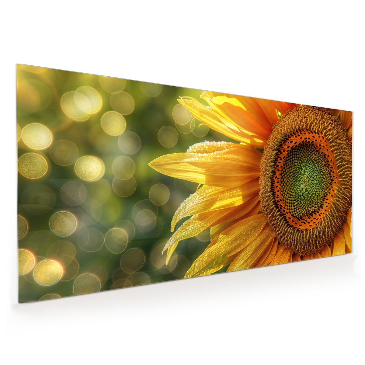 Küchenrückwand aus Glas im Hochformat: Sonnenblume in Nahaufnahme, Blütenblätter voller Tautropfen